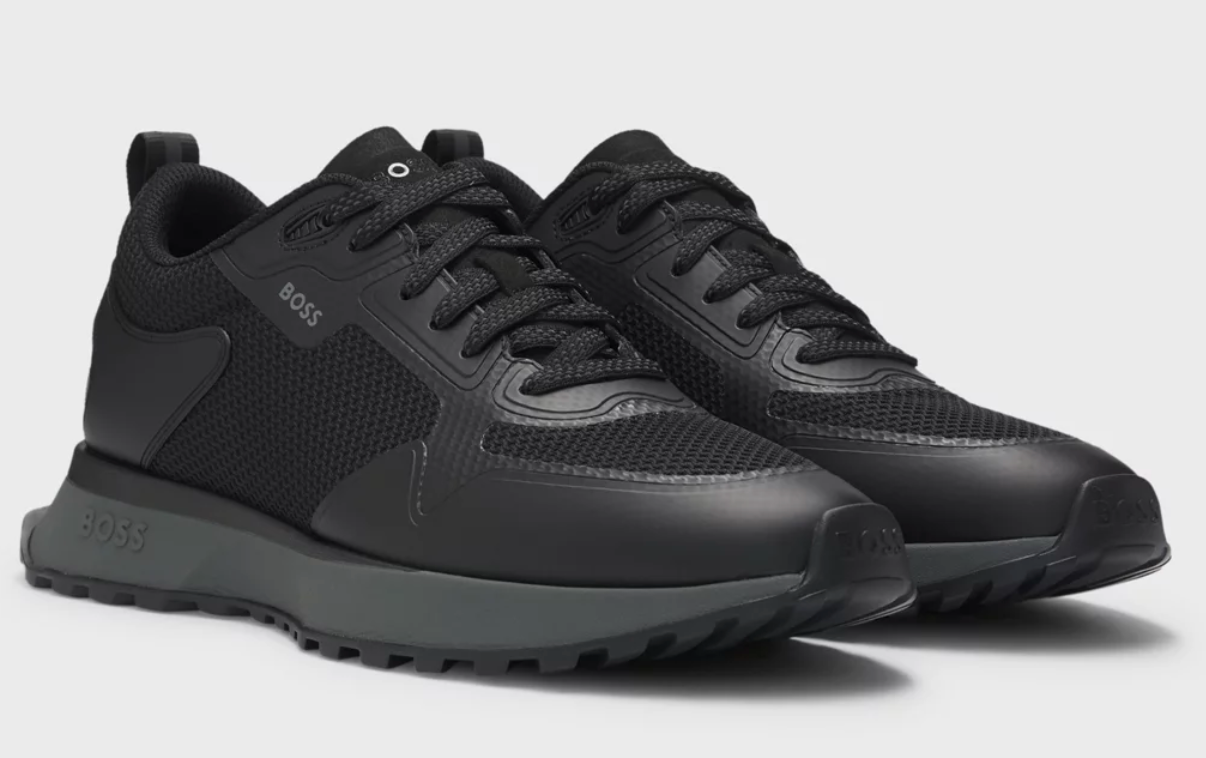 Mixed-material trainers with mesh details and branding
