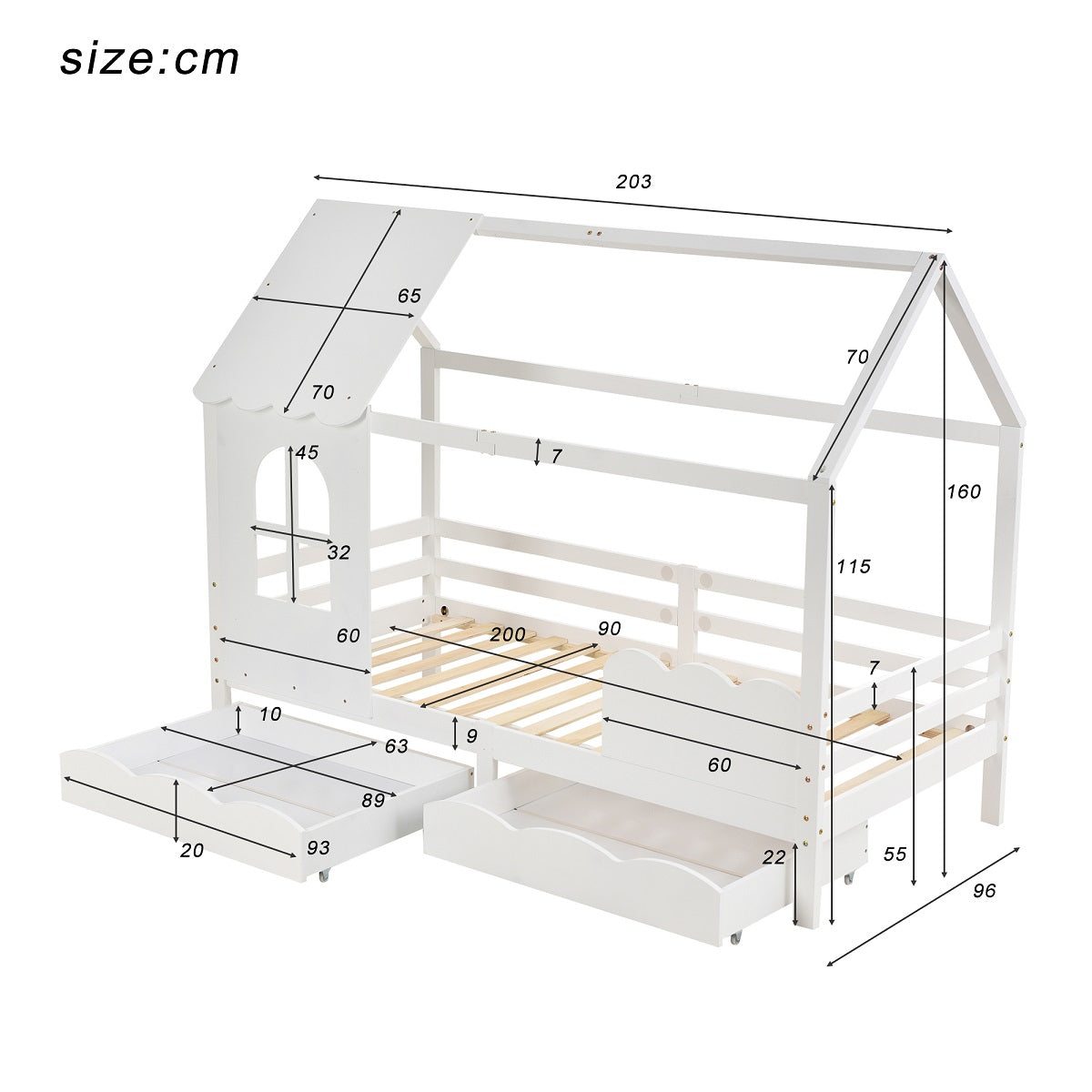 Hausbett Kinderbett Jugendbett 200x90 mit Rausfallschutz，vielseitiges Holz Kinderbett für Jungen & Mädchen, Wei Schubladen, Massivholz Kinder Bett mit Rausfallschutz Fenster und Lattenrost, Weiß