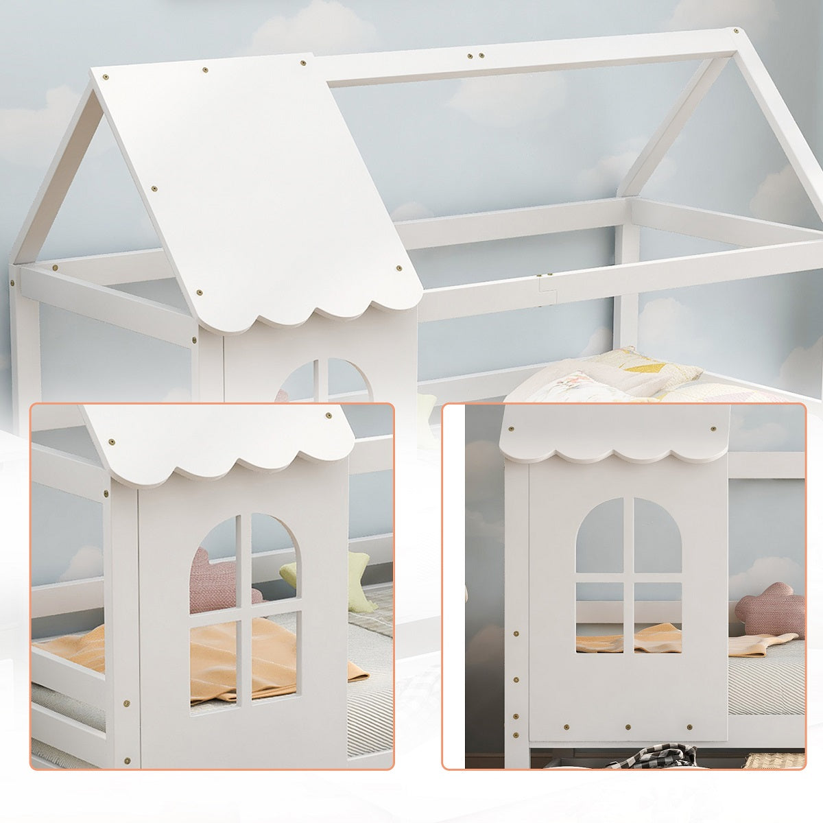 Hausbett Kinderbett Jugendbett 200x90 mit Rausfallschutz，vielseitiges Holz Kinderbett für Jungen & Mädchen, Wei Schubladen, Massivholz Kinder Bett mit Rausfallschutz Fenster und Lattenrost, Weiß