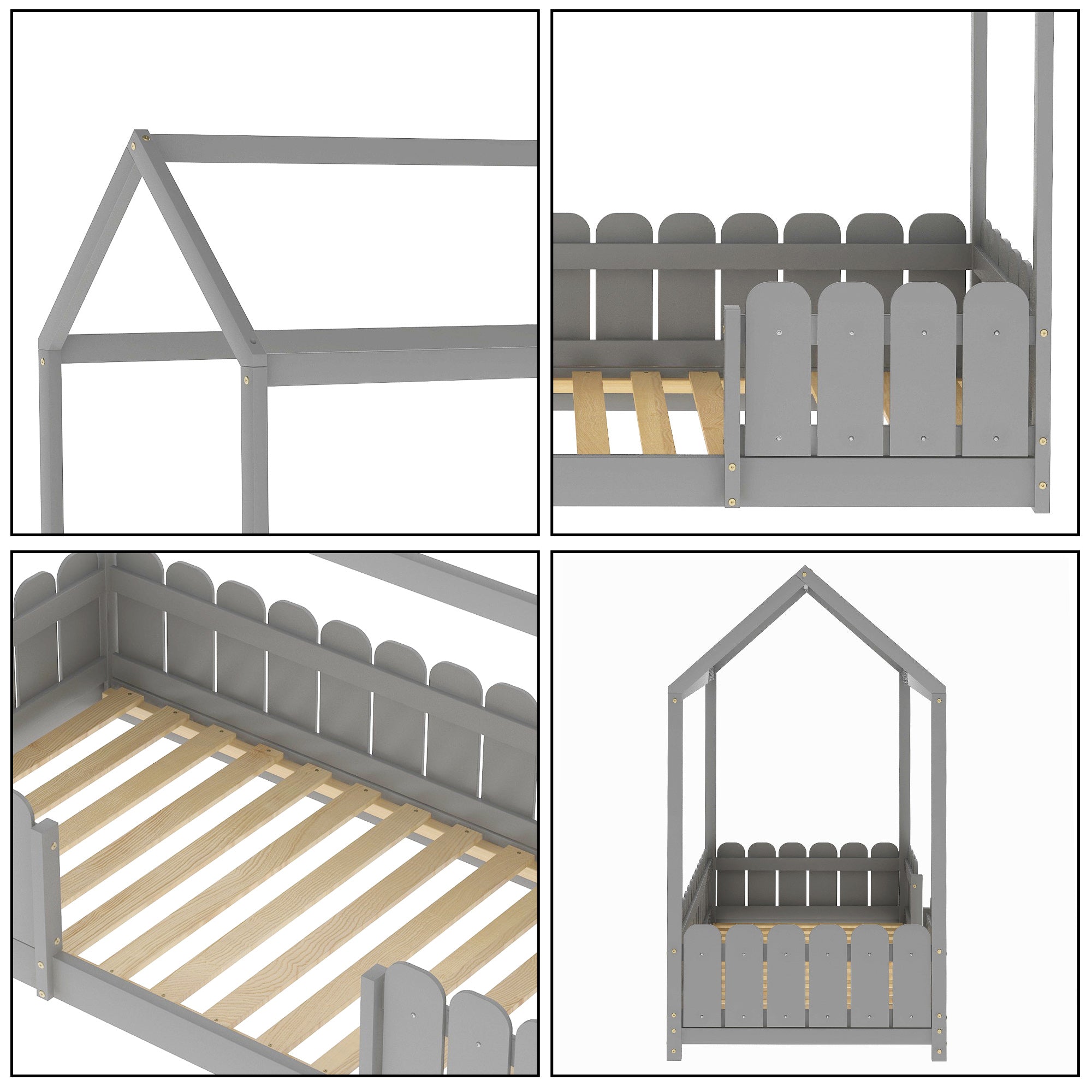 【Neu eingetroffen】Hausbett 90x200 cm - vielseitiges Holz Kinderbett für Jungen & Mädchen - Mit Ausfallschutz und Lattenrost - Grau (Ohne Matratze)