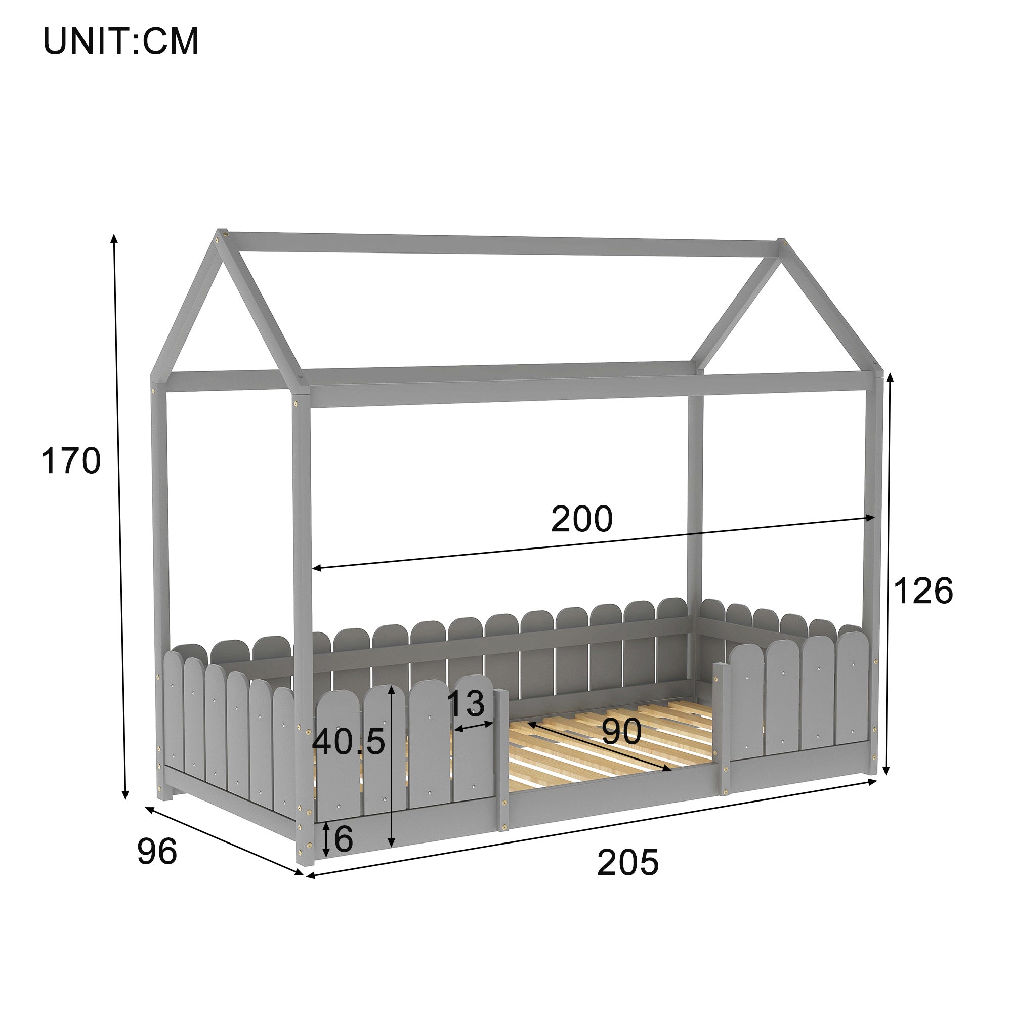 【Neu eingetroffen】Hausbett 90x200 cm - vielseitiges Holz Kinderbett für Jungen & Mädchen - Mit Ausfallschutz und Lattenrost - Grau (Ohne Matratze)