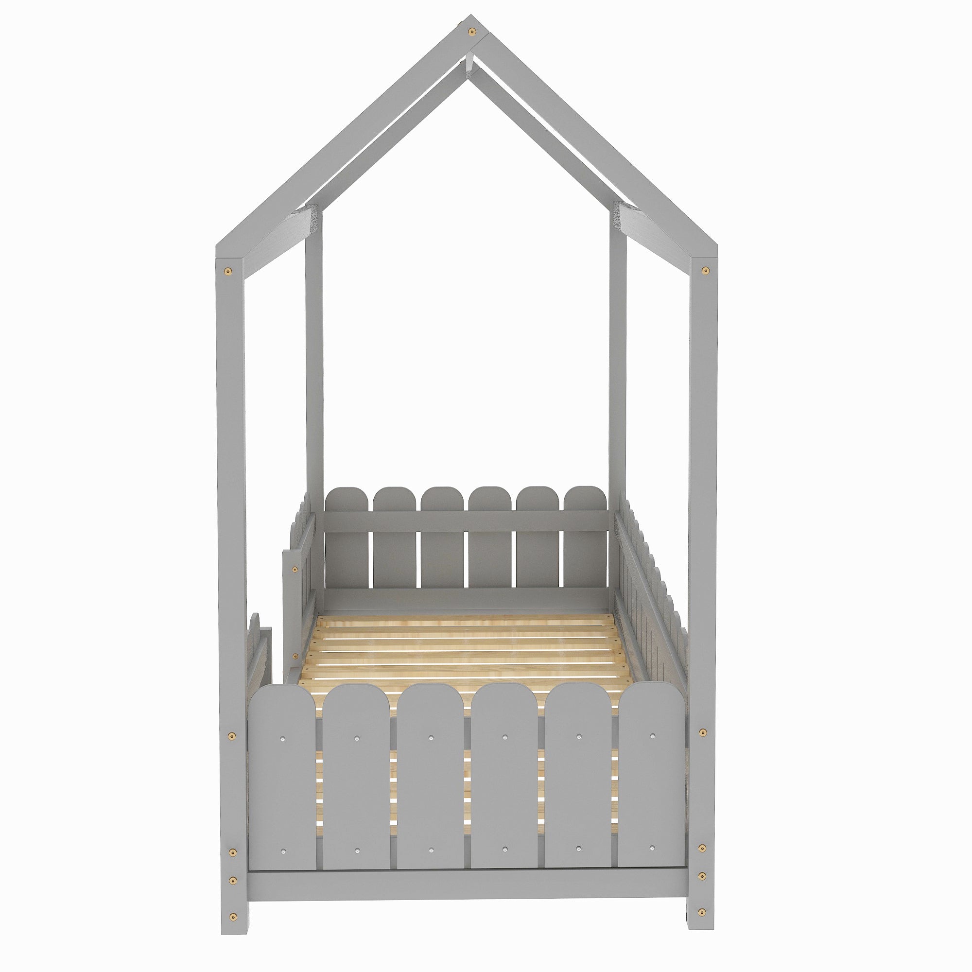 【Neu eingetroffen】Hausbett 90x200 cm - vielseitiges Holz Kinderbett für Jungen & Mädchen - Mit Ausfallschutz und Lattenrost - Grau (Ohne Matratze)