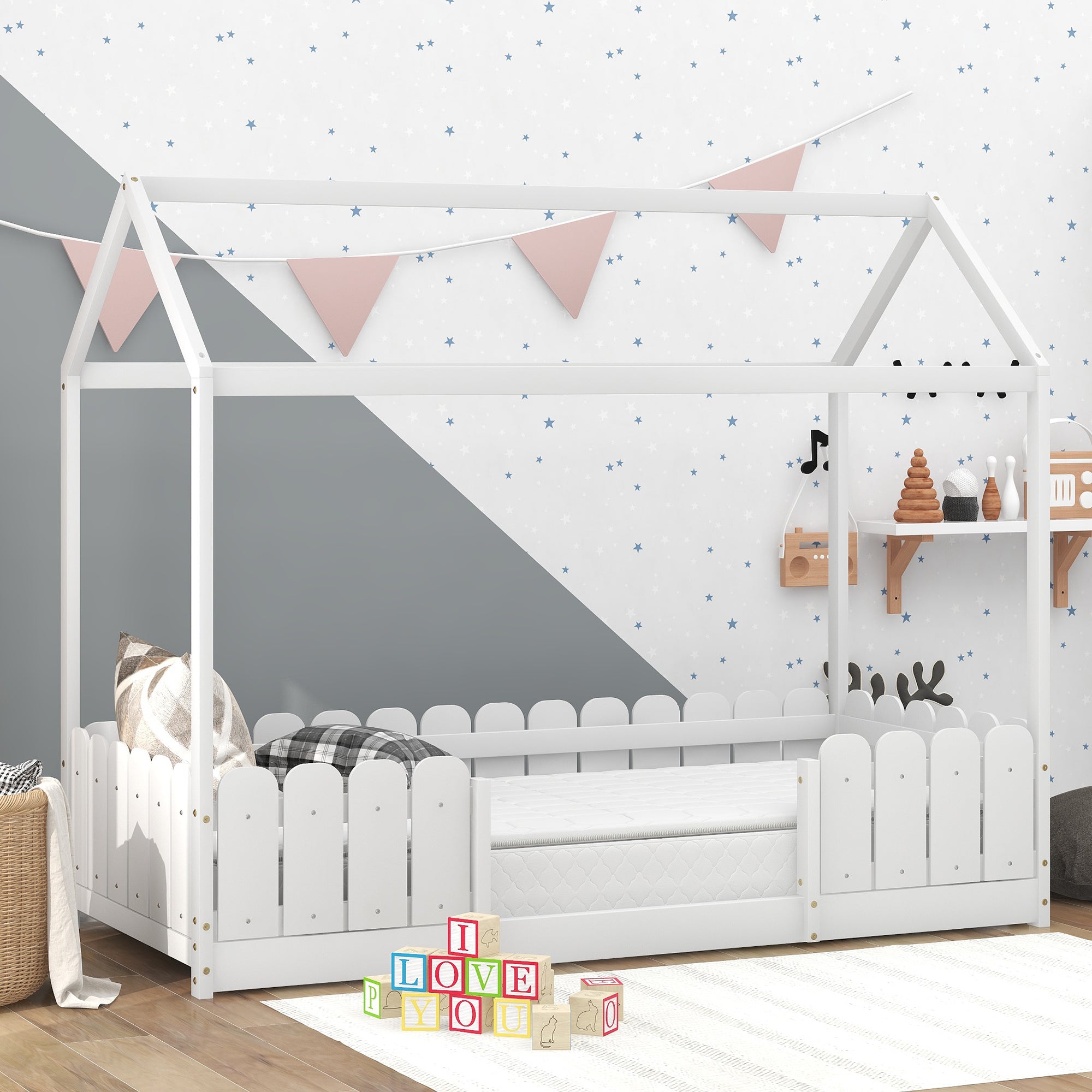 【Neu eingetroffen】Hausbett 90x200 cm - vielseitiges Holz Kinderbett für Jungen & Mädchen - Mit Ausfallschutz und Lattenrost - Grau (Ohne Matratze)