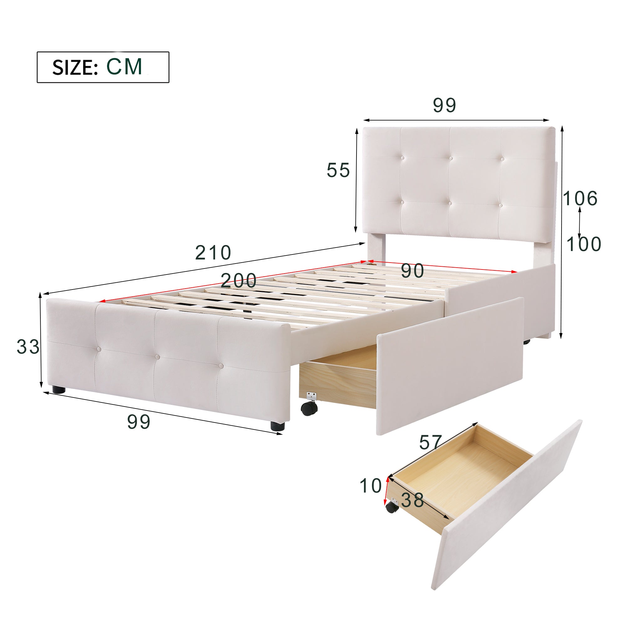 Polsterbett 90 x 200 cm Bett mit Lattenrost, Rückenlehne und zwei Schubladen, hautfreundlicher Samtstoff Beige flaches Einzelbett Kinderbett Jugendbett Gästebett (ohne Matratze)