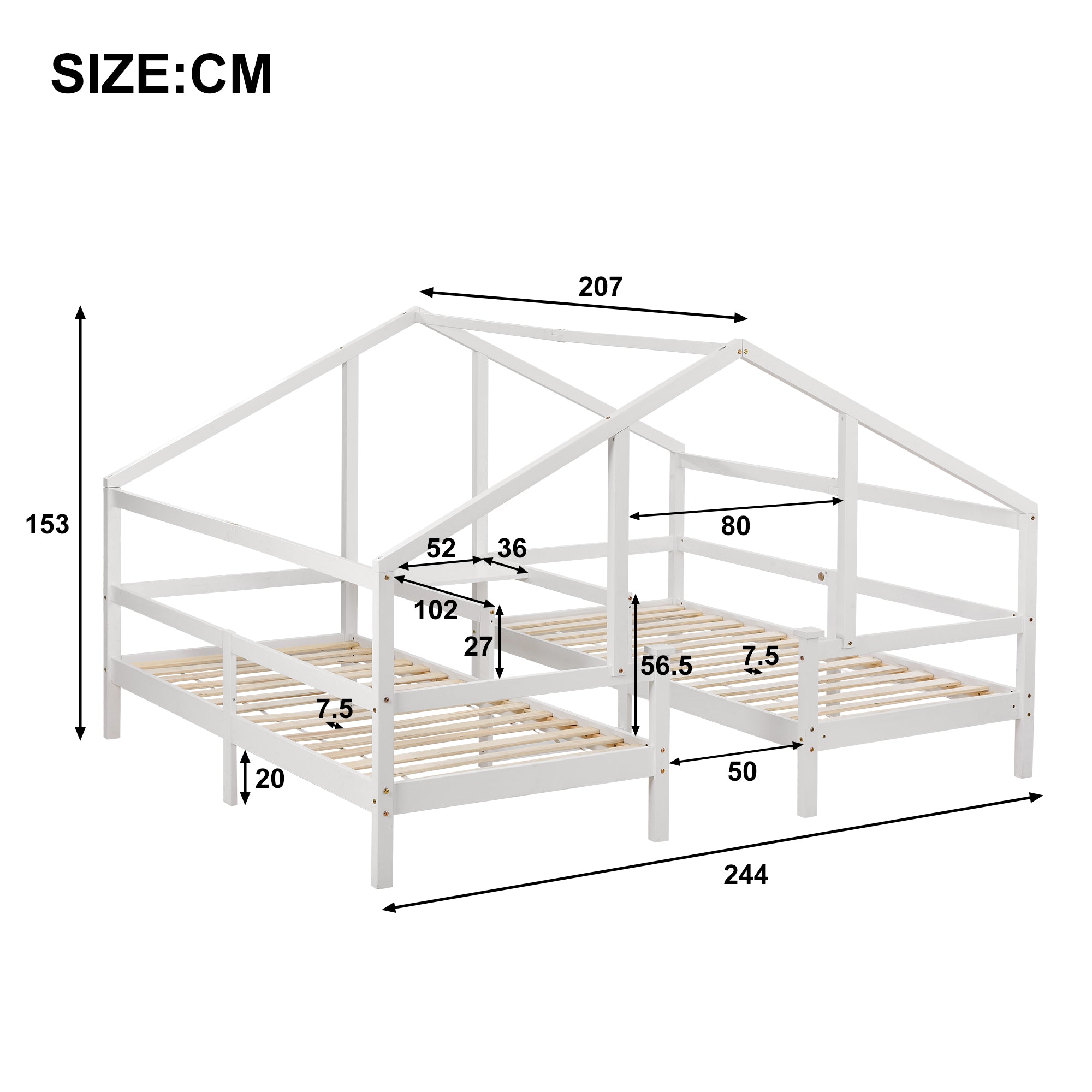 【NEUE ANKUNFT】Hausbett für 2 Kinder， zwei Einzelbetten unter einem Dach im Hausbettdesign mit Nachttisch und Lattenrost，Jugendbett 90*200 mit Rausfallschutz，Weiß