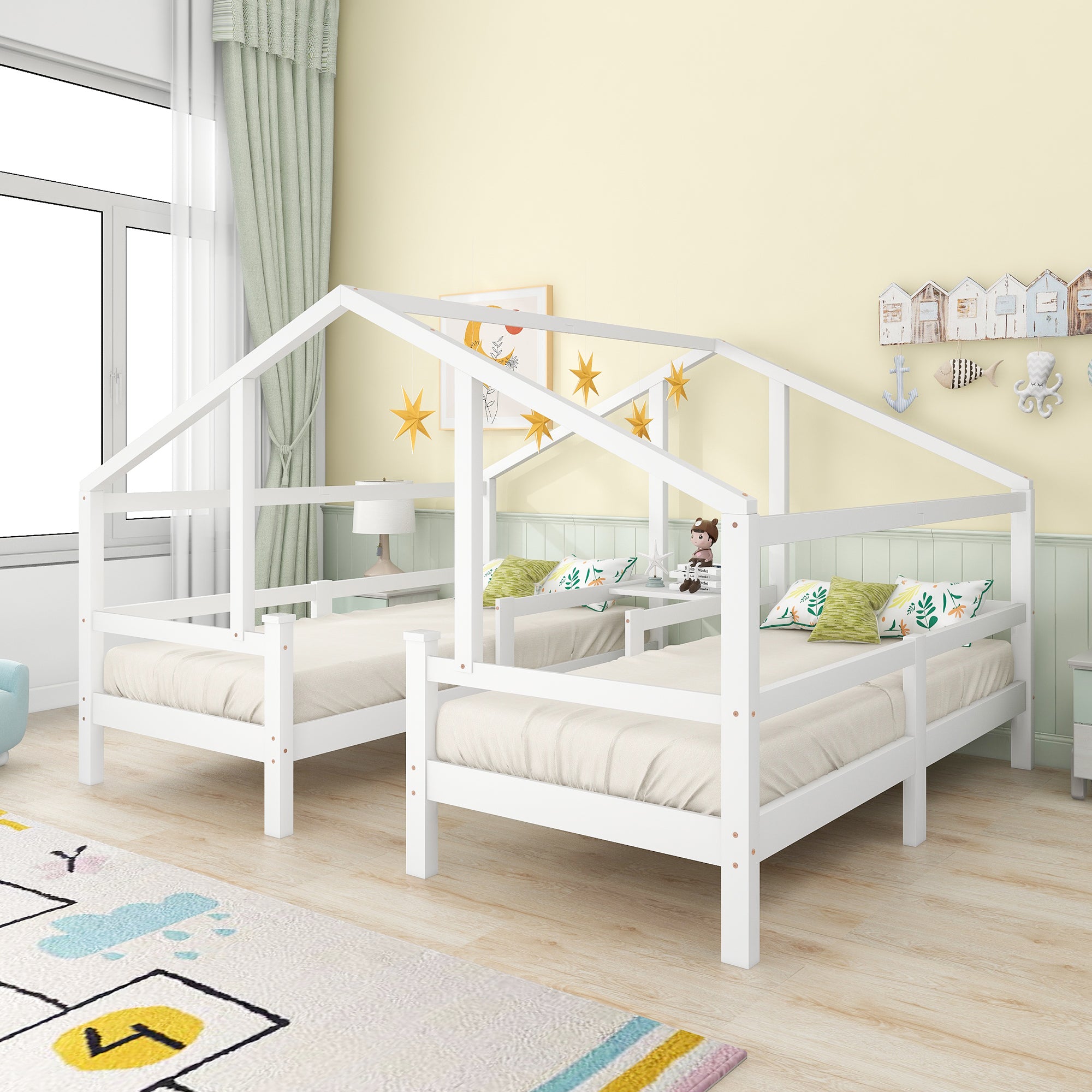 【NEUE ANKUNFT】Hausbett für 2 Kinder， zwei Einzelbetten unter einem Dach im Hausbettdesign mit Nachttisch und Lattenrost，Jugendbett 90*200 mit Rausfallschutz，Weiß