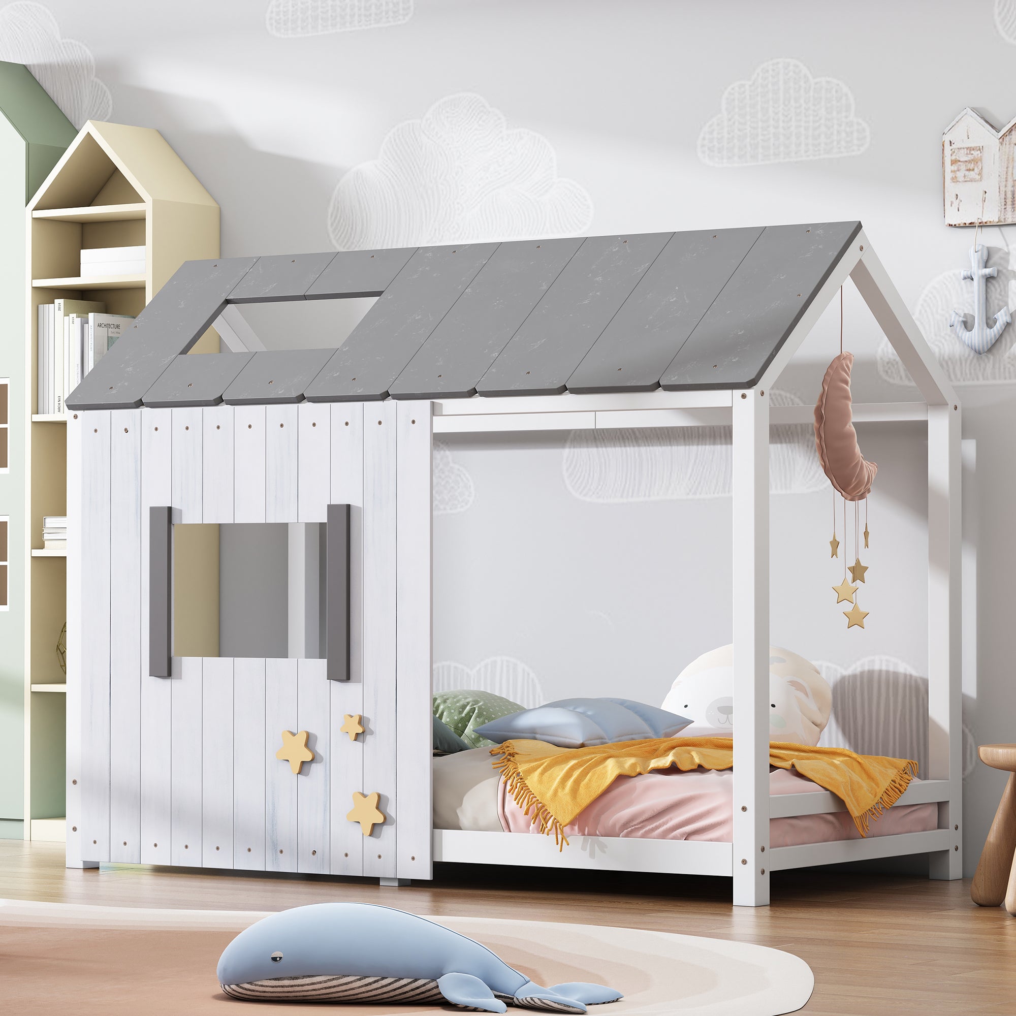 Spielbett Hausbett 200x90, Distressed Craft Plank, Colorblock Design Jugendbett mit Dach und Fenster, Rausfallschutz , Holz Kinderbett Jungen Mädchen Massivholz mit Lattenrost, Grau&Weiß