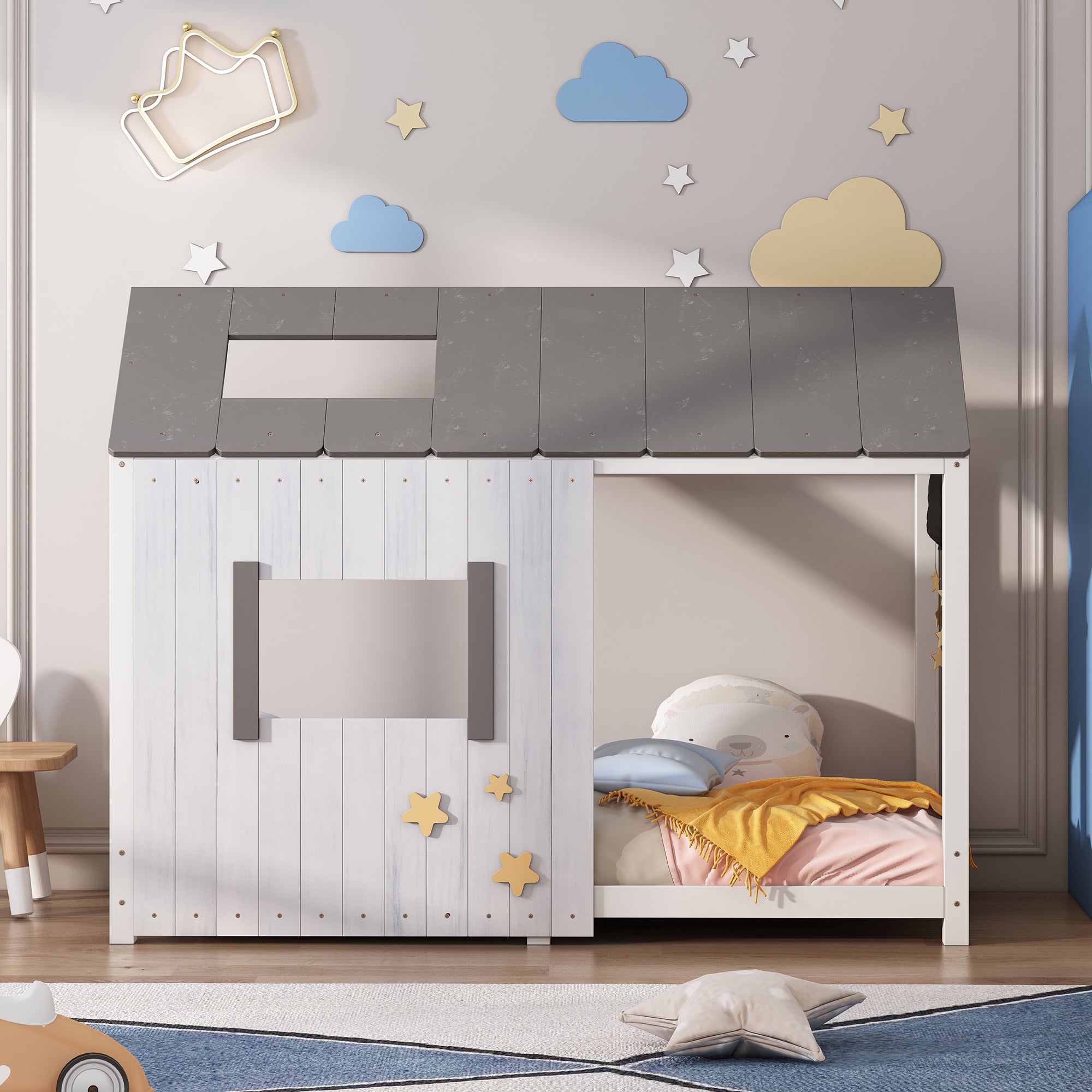 Spielbett Hausbett 200x90, Distressed Craft Plank, Colorblock Design Jugendbett mit Dach und Fenster, Rausfallschutz , Holz Kinderbett Jungen Mädchen Massivholz mit Lattenrost, Grau&Weiß