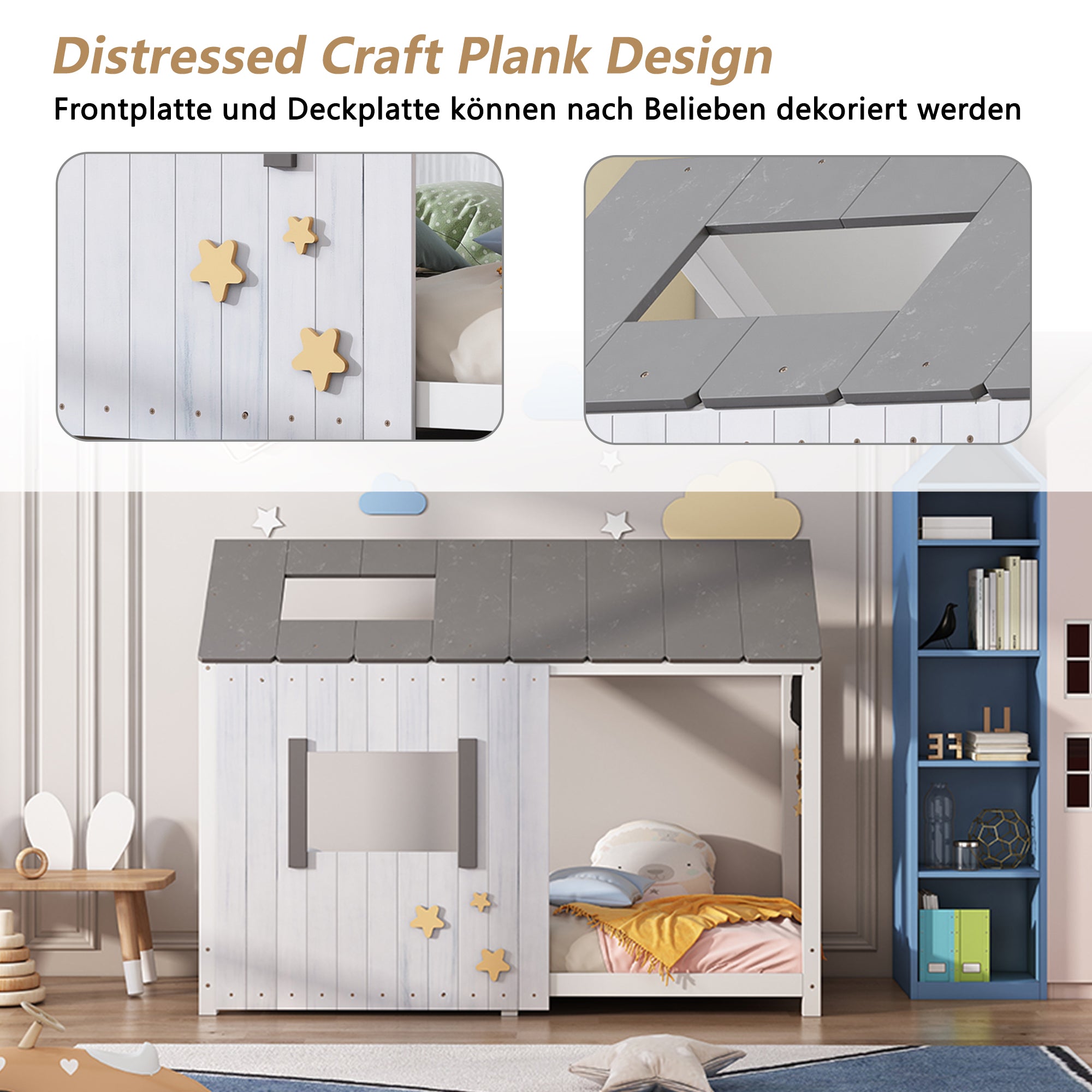 Spielbett Hausbett 200x90, Distressed Craft Plank, Colorblock Design Jugendbett mit Dach und Fenster, Rausfallschutz , Holz Kinderbett Jungen Mädchen Massivholz mit Lattenrost, Grau&Weiß