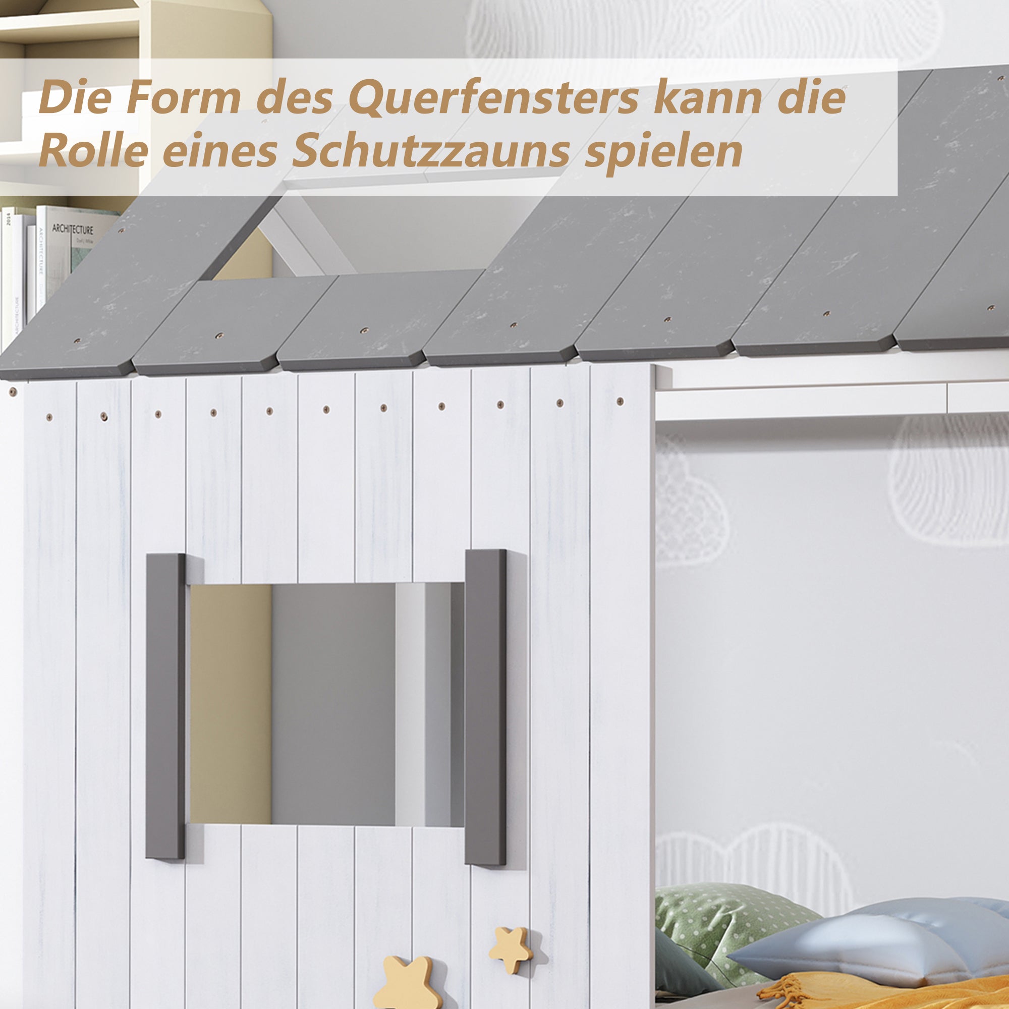 Spielbett Hausbett 200x90, Distressed Craft Plank, Colorblock Design Jugendbett mit Dach und Fenster, Rausfallschutz , Holz Kinderbett Jungen Mädchen Massivholz mit Lattenrost, Grau&Weiß