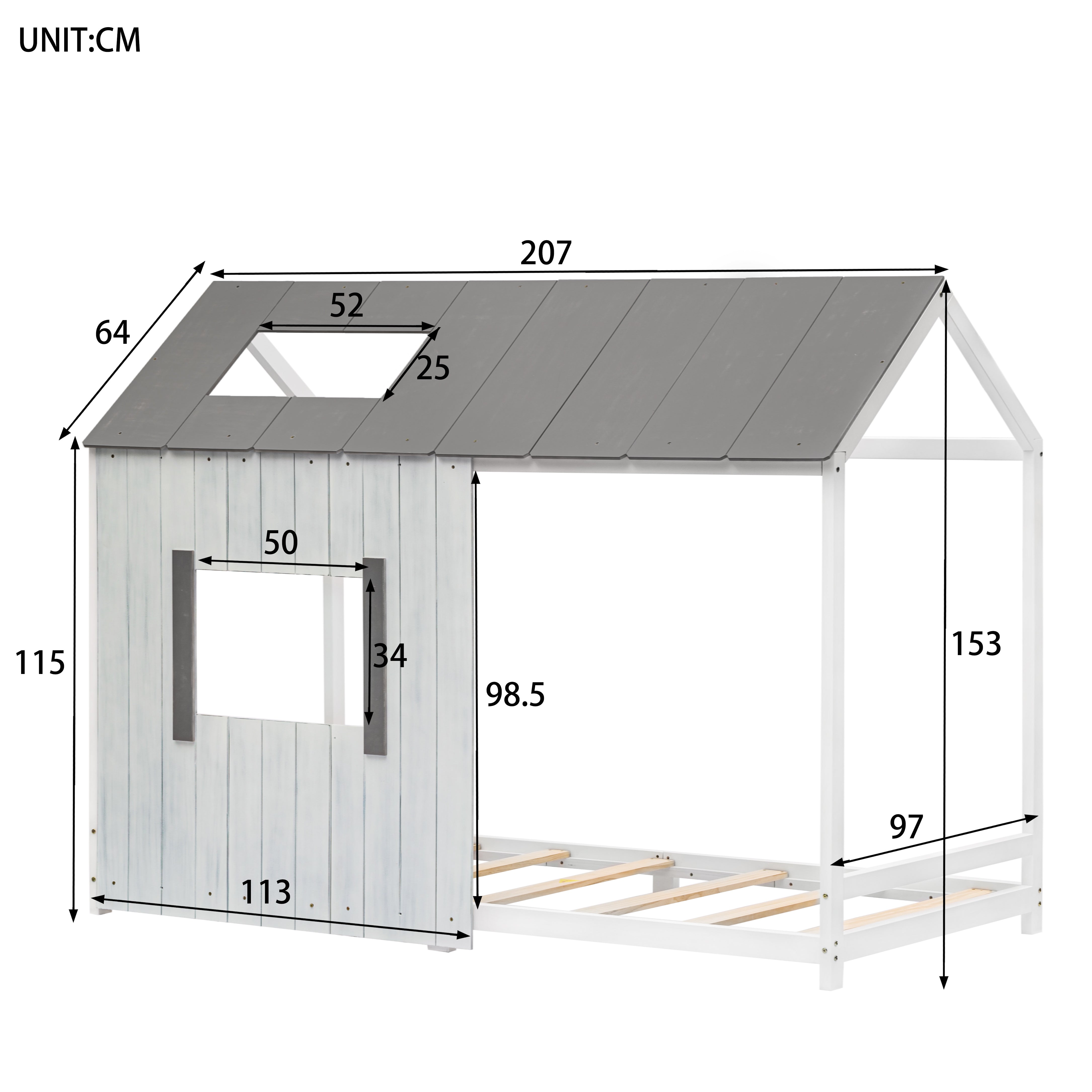 Spielbett Hausbett 200x90, Distressed Craft Plank, Colorblock Design Jugendbett mit Dach und Fenster, Rausfallschutz , Holz Kinderbett Jungen Mädchen Massivholz mit Lattenrost, Grau&Weiß