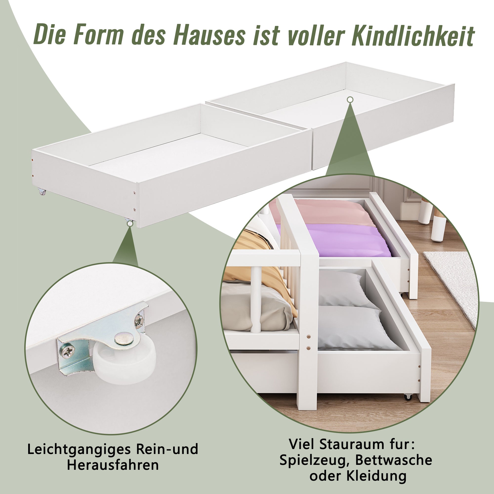 Hausbett Kinderbett Jugendbett 200x90 Funktionsbett mit Bücherregal Ablage mit Fallschutz Multifunktionsholz Kinderbett Jungen und Mädchen Weiß Schubladen Massivholz Kinderbett mit Lattenrost Weiß