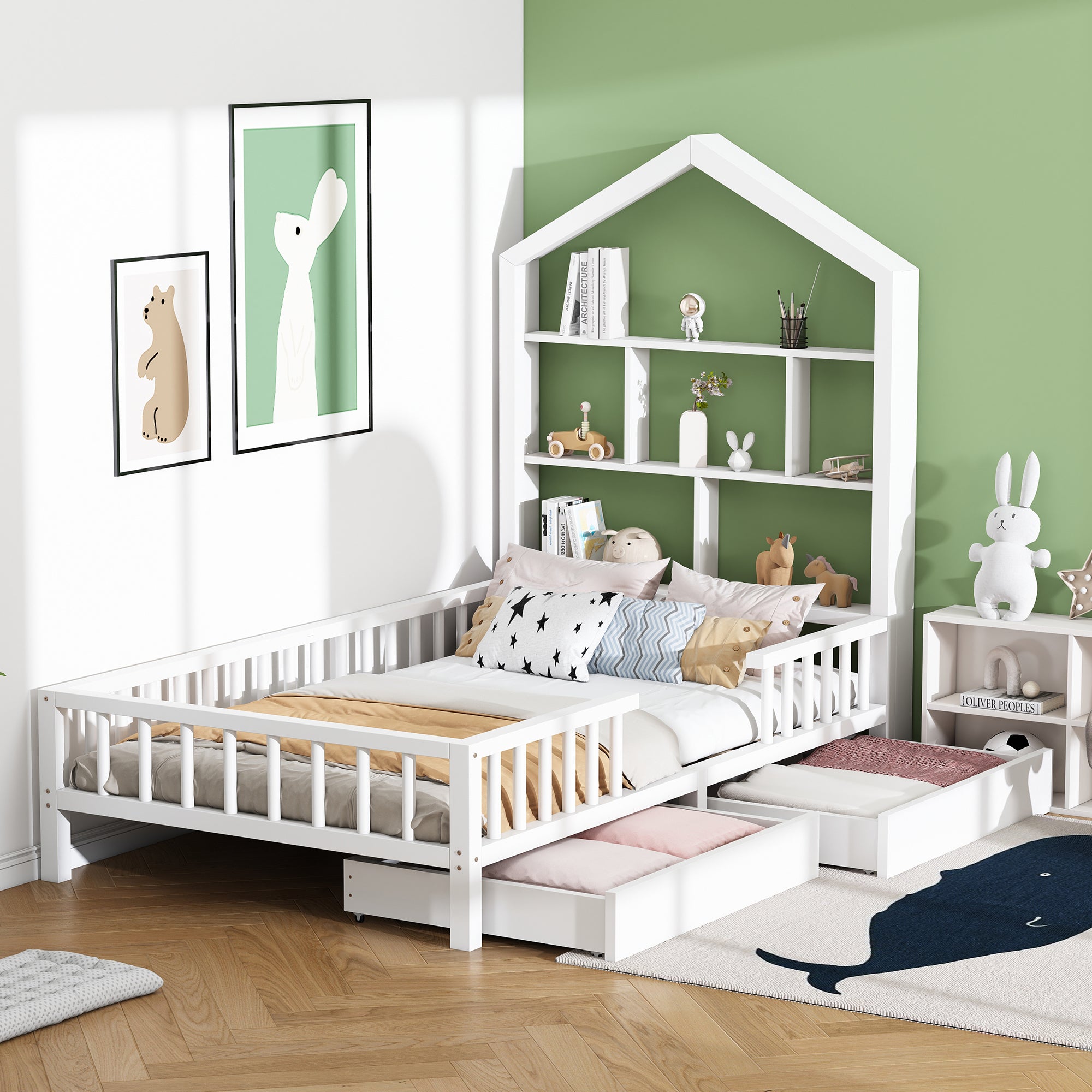 Hausbett Kinderbett Jugendbett 200x90 Funktionsbett mit Bücherregal Ablage mit Fallschutz Multifunktionsholz Kinderbett Jungen und Mädchen Weiß Schubladen Massivholz Kinderbett mit Lattenrost Weiß