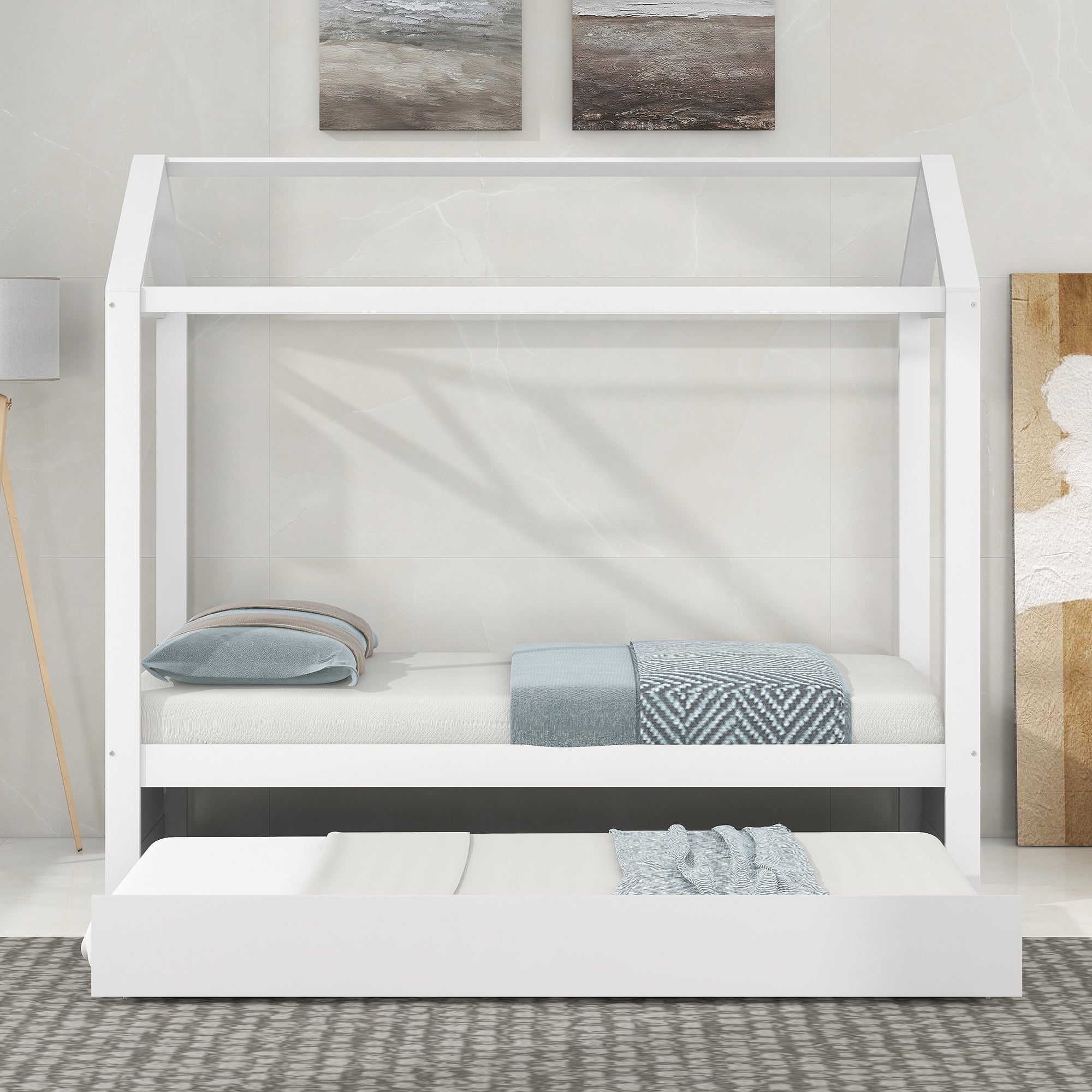 Single Size House Platform Bed mit Trundle, kann dekoriert werden (Weiß)