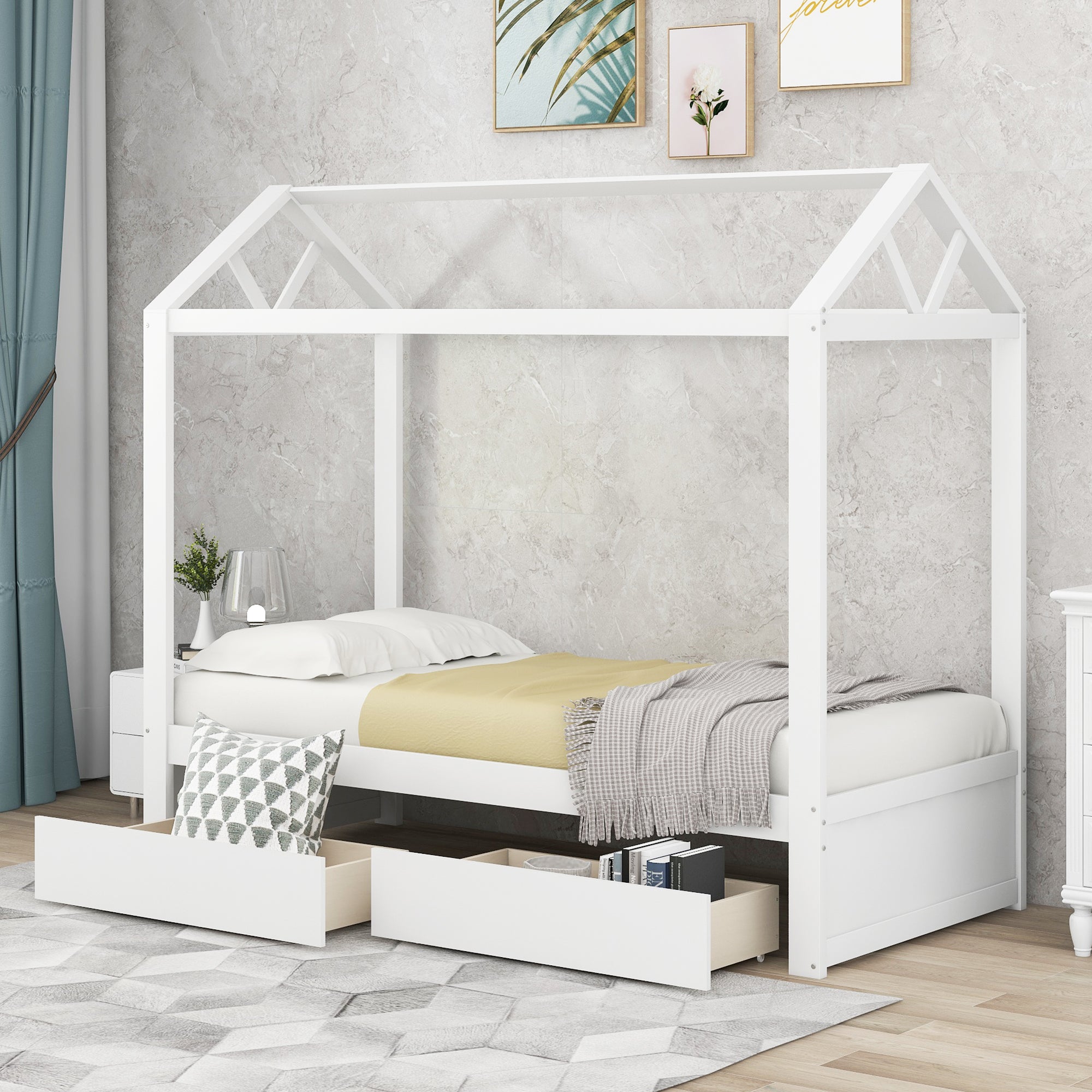 Single Size House Platform Bed mit Trundle, kann dekoriert werden (Weiß)