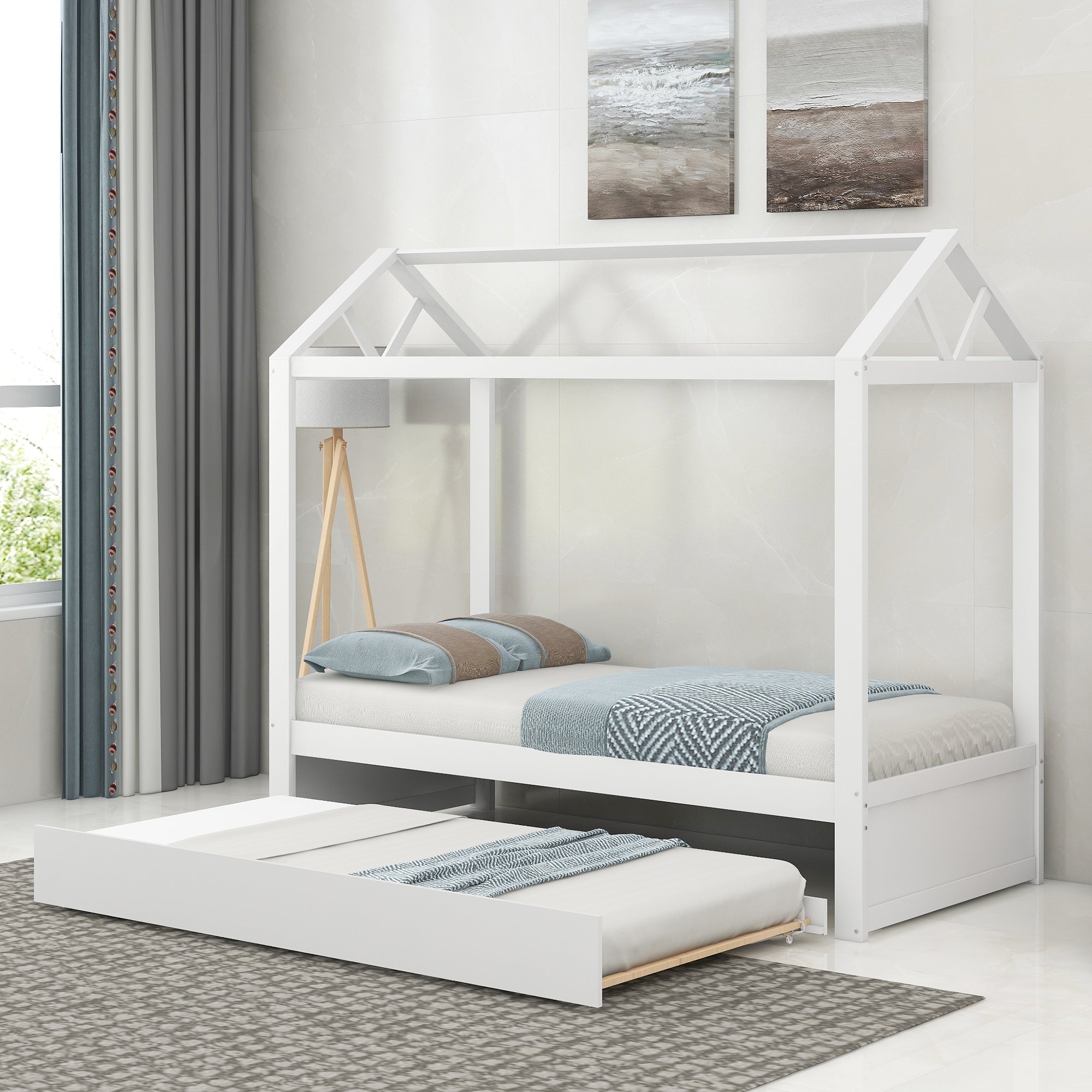 Single Size House Platform Bed mit Trundle, kann dekoriert werden (Weiß)