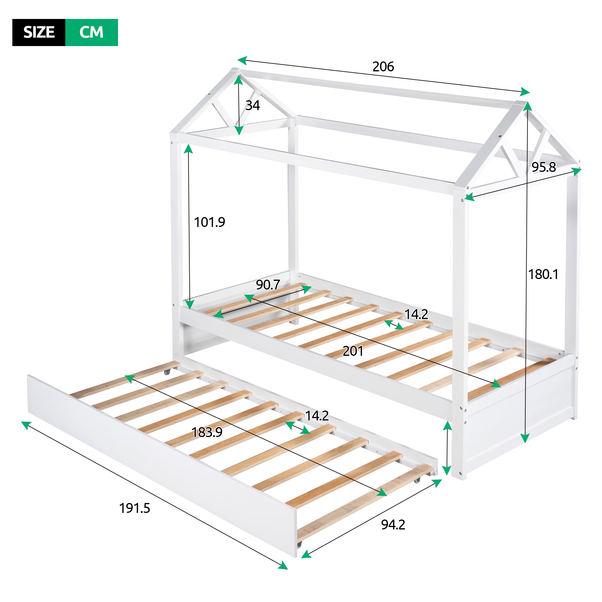 Single Size House Platform Bed mit Trundle, kann dekoriert werden (Weiß)