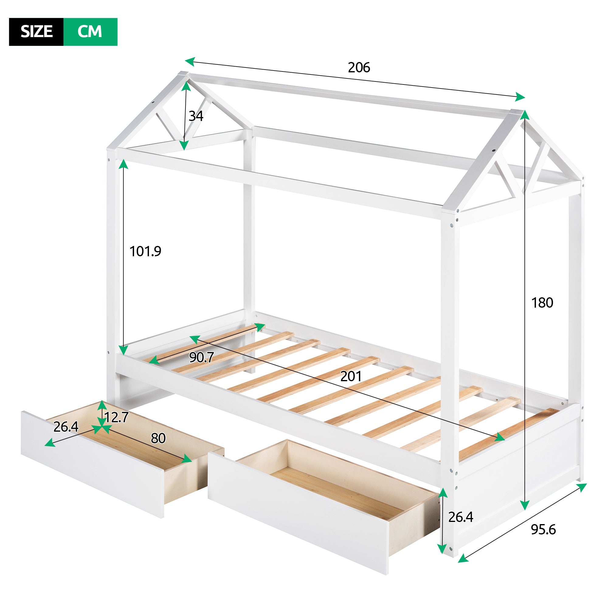 Single Size House Platform Bed mit Trundle, kann dekoriert werden (Weiß)