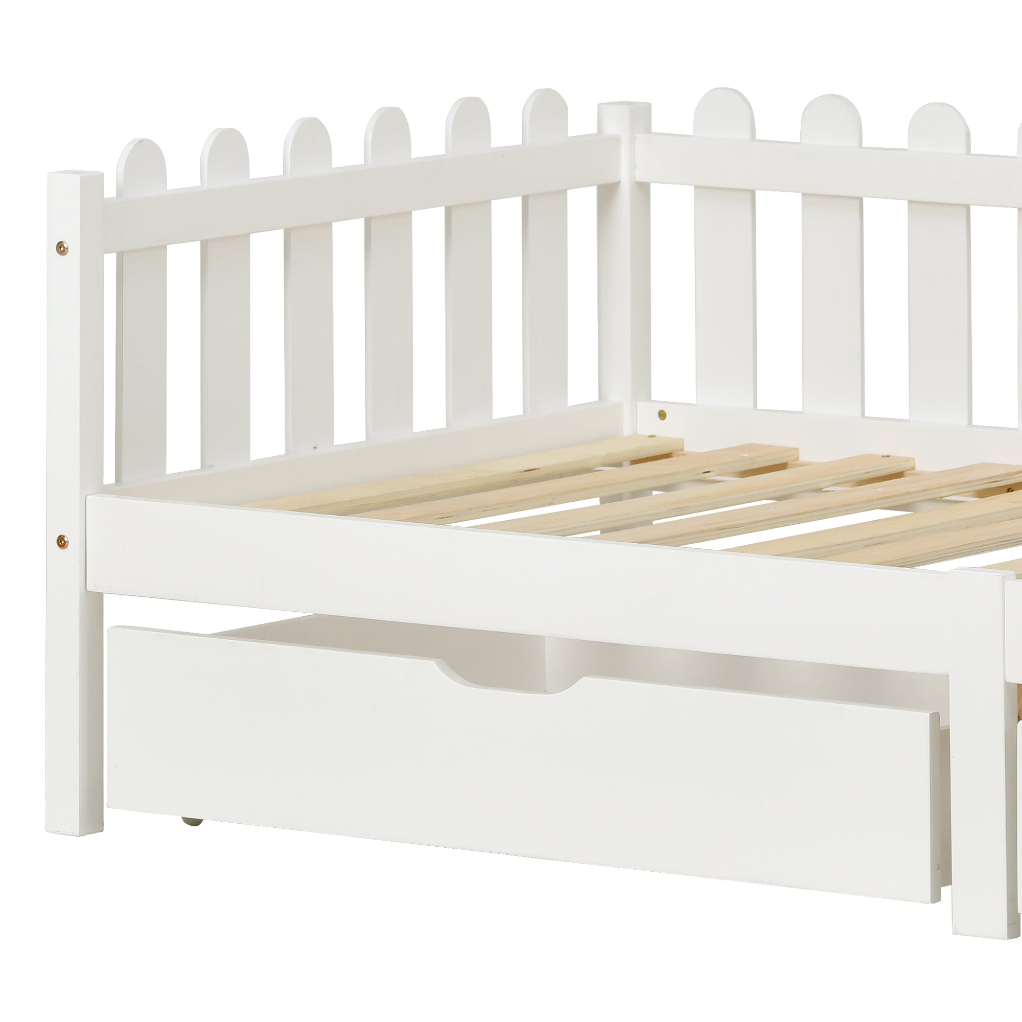 Tagesbett, Bett mit Zäune, Einzelbett, Kinderbett mit 2 MDF-Schubladen, Schubladen auf Rollen, Lattenrost aus Kiefernholz, weiß (200x90cm)