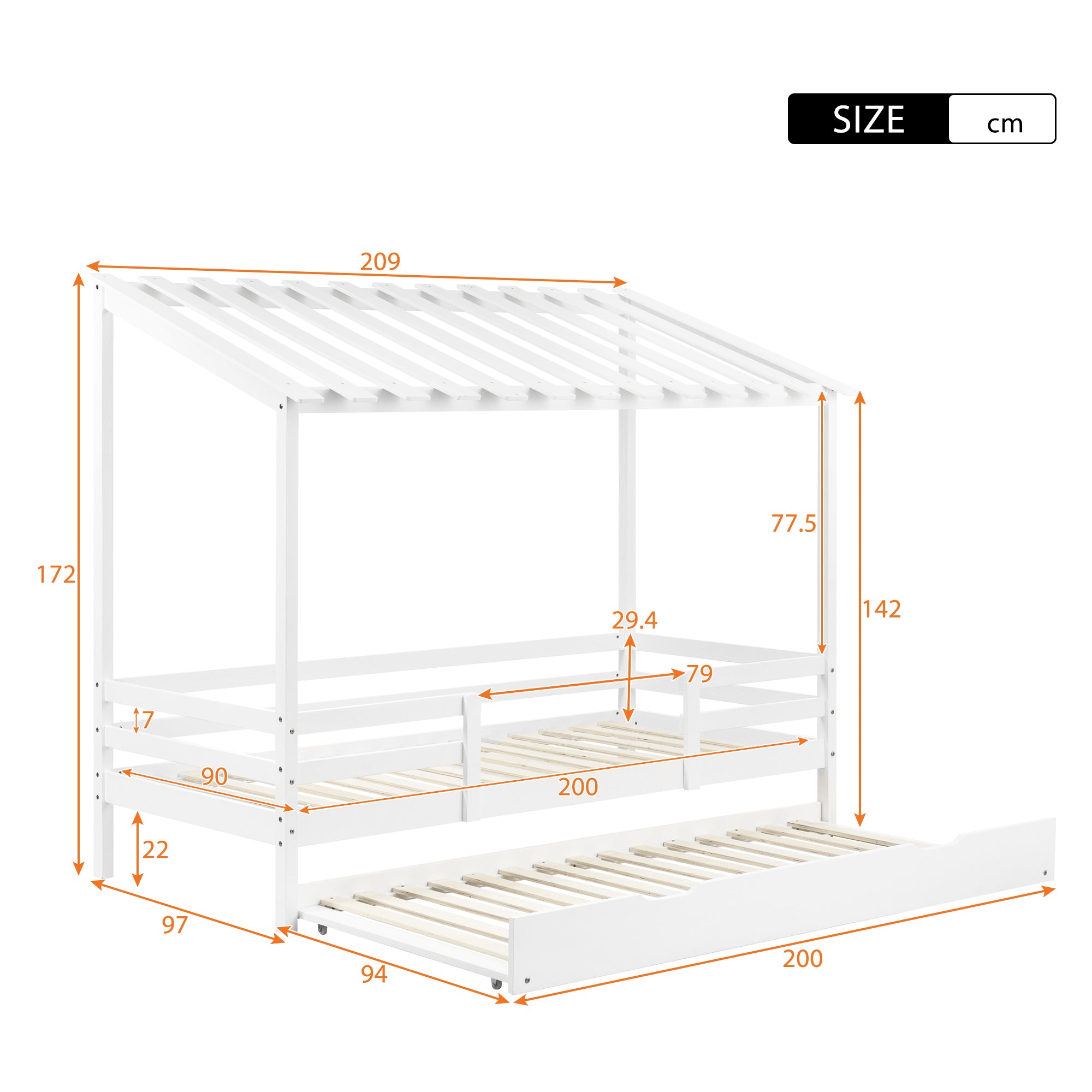 Hausbett Ausziehbett Jugendbett Bett mit Stauraum Tagesbett Funktionsbett Bett 90x200 Kojenbett Weiß