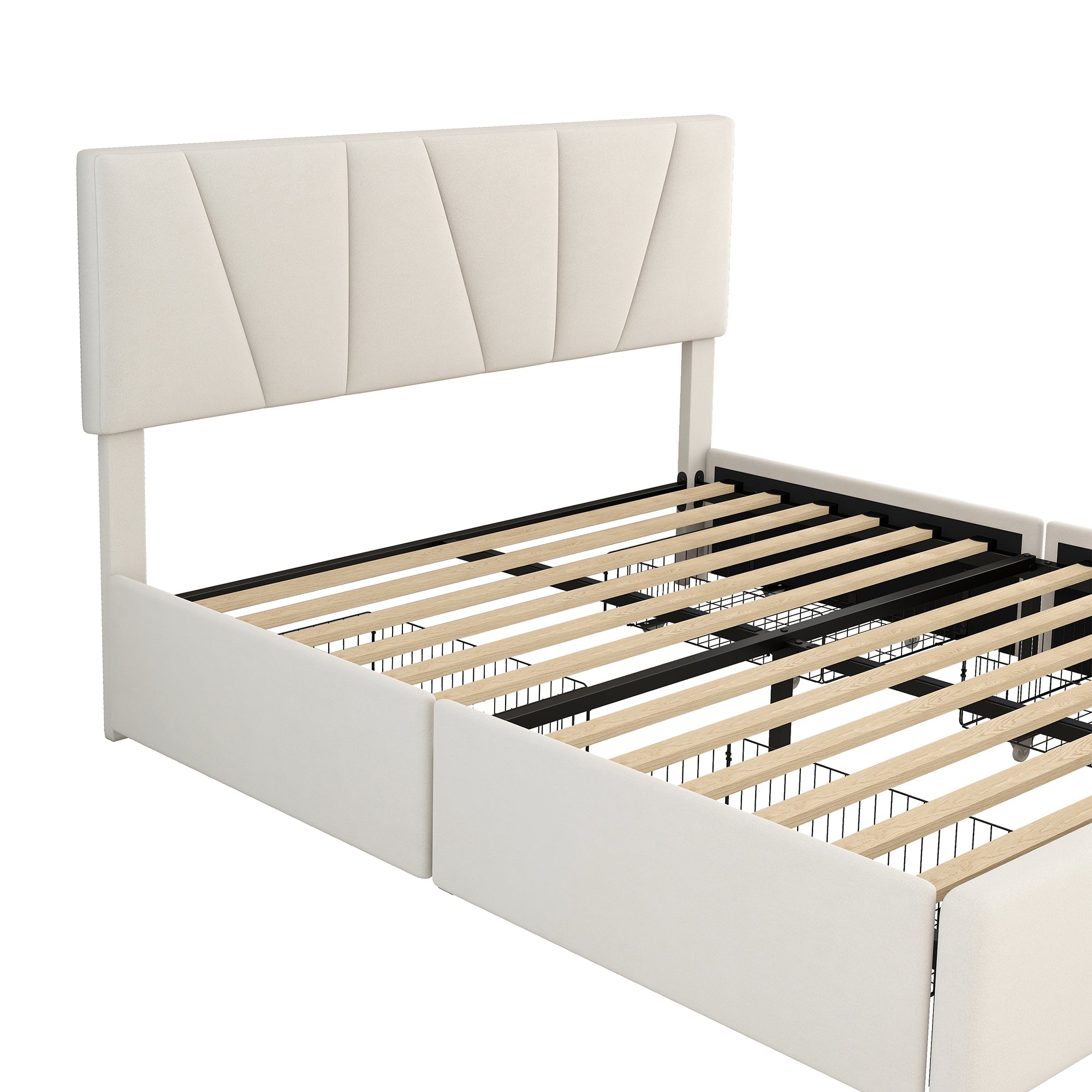 Double Size Polster Plattform Bett mit vier Schubladen auf zwei Seiten,Verstellbares Kopfteil,Beige(140*200cm)