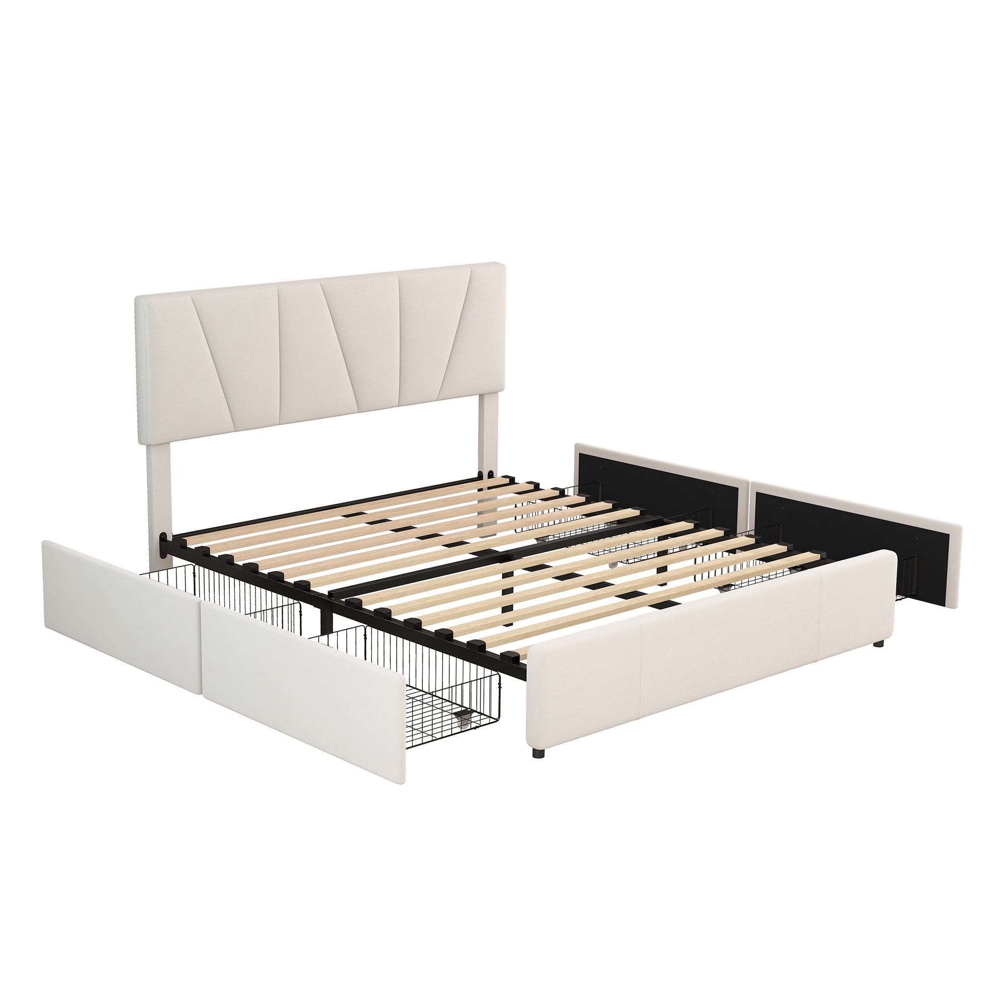 Double Size Polster Plattform Bett mit vier Schubladen auf zwei Seiten,Verstellbares Kopfteil,Beige(140*200cm)