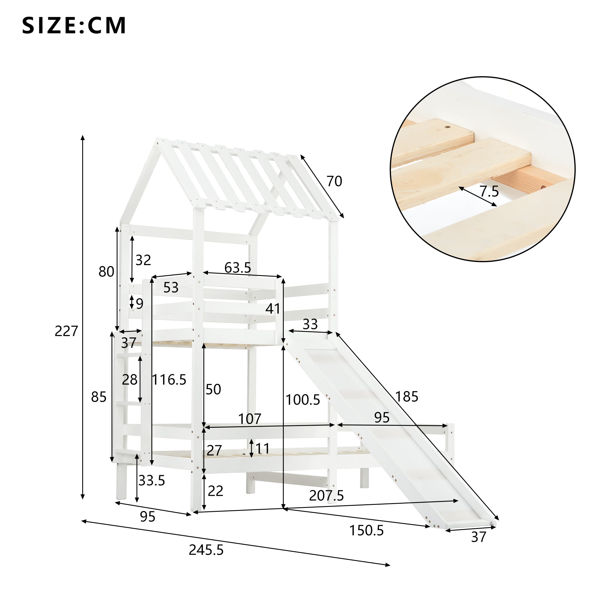 Rutschbett mit rechtwinkliger Leiter, Hausbett mit Dach, Kinderbett, Spielturmbett mit Fallschutz und Gitter, Rahmen aus massiver Kiefer, weiß (200x90cm & 100x90cm)