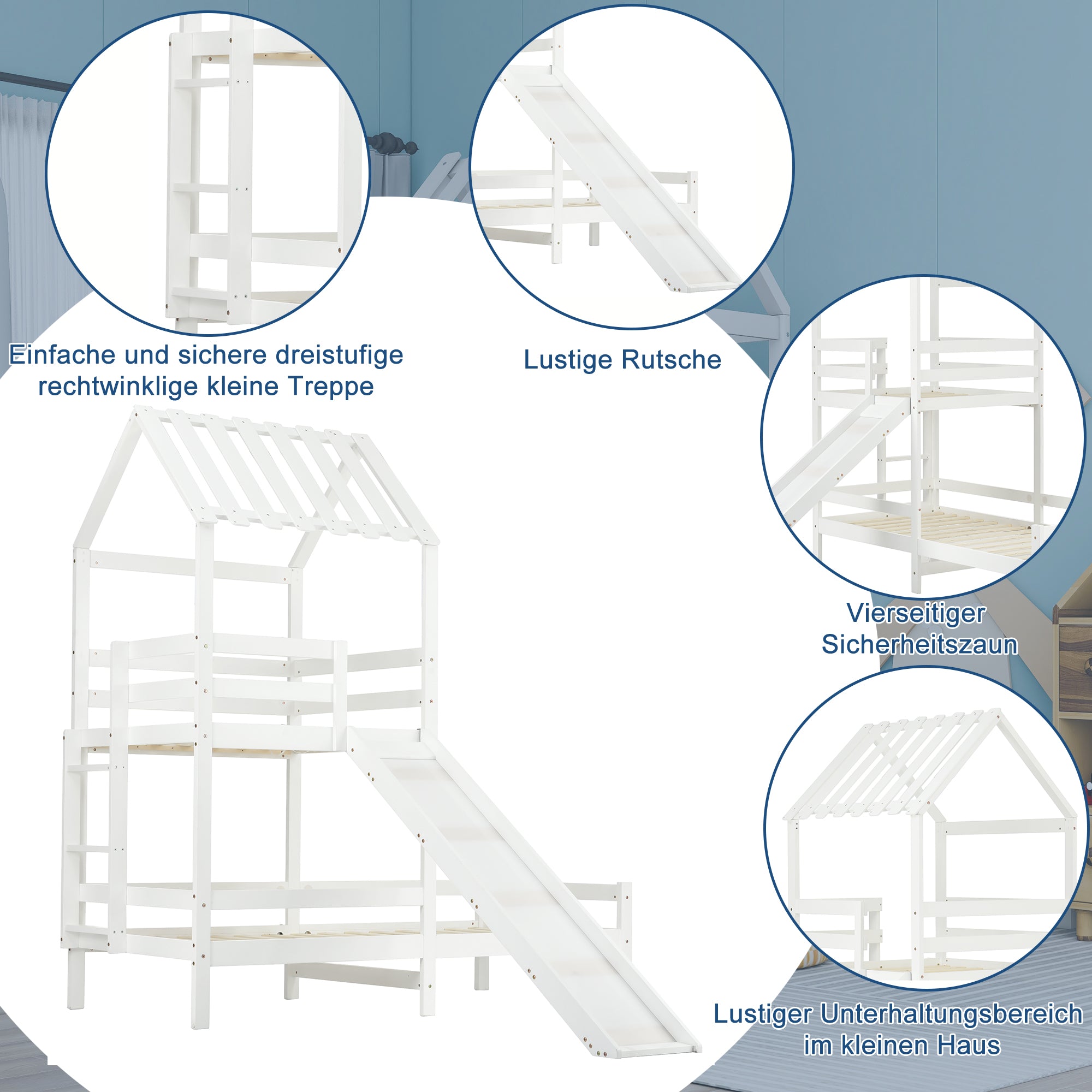 Rutschbett mit rechtwinkliger Leiter, Hausbett mit Dach, Kinderbett, Spielturmbett mit Fallschutz und Gitter, Rahmen aus massiver Kiefer, weiß (200x90cm & 100x90cm)