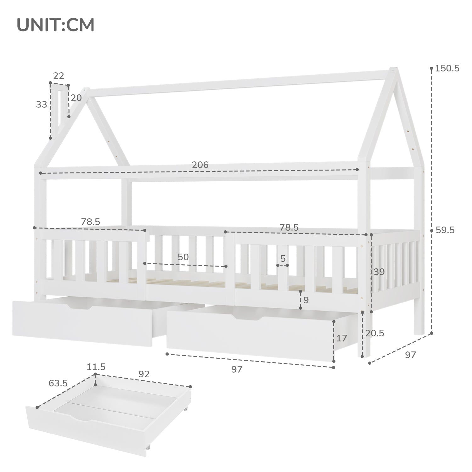 Kiefernholz Haus Bett for Kids, 90 x 200 cm ohne Matratze, weiß