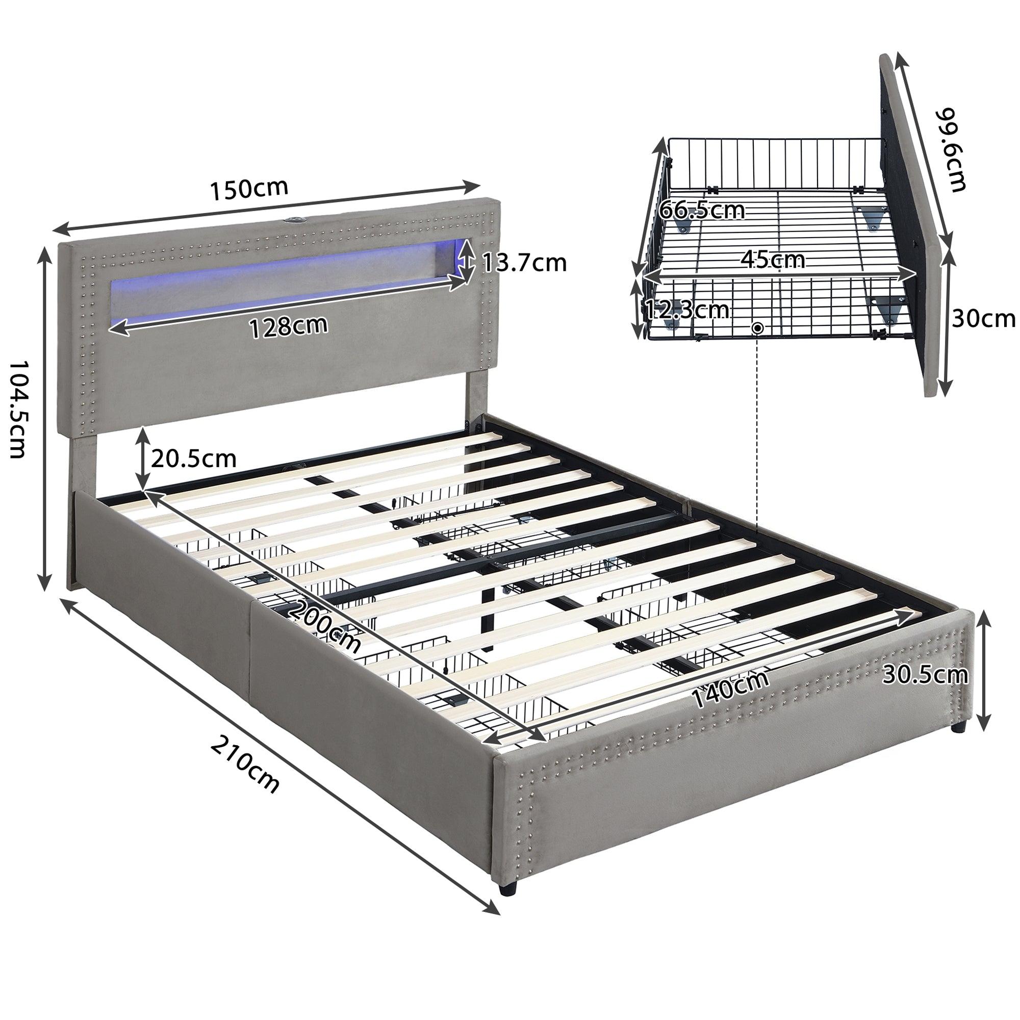 Polsterbett mit 4 Schubladen, LED Beleuchtung, USB-Anschluss, Samt, hohem Kopfteil, Doppelbett 140*200cm