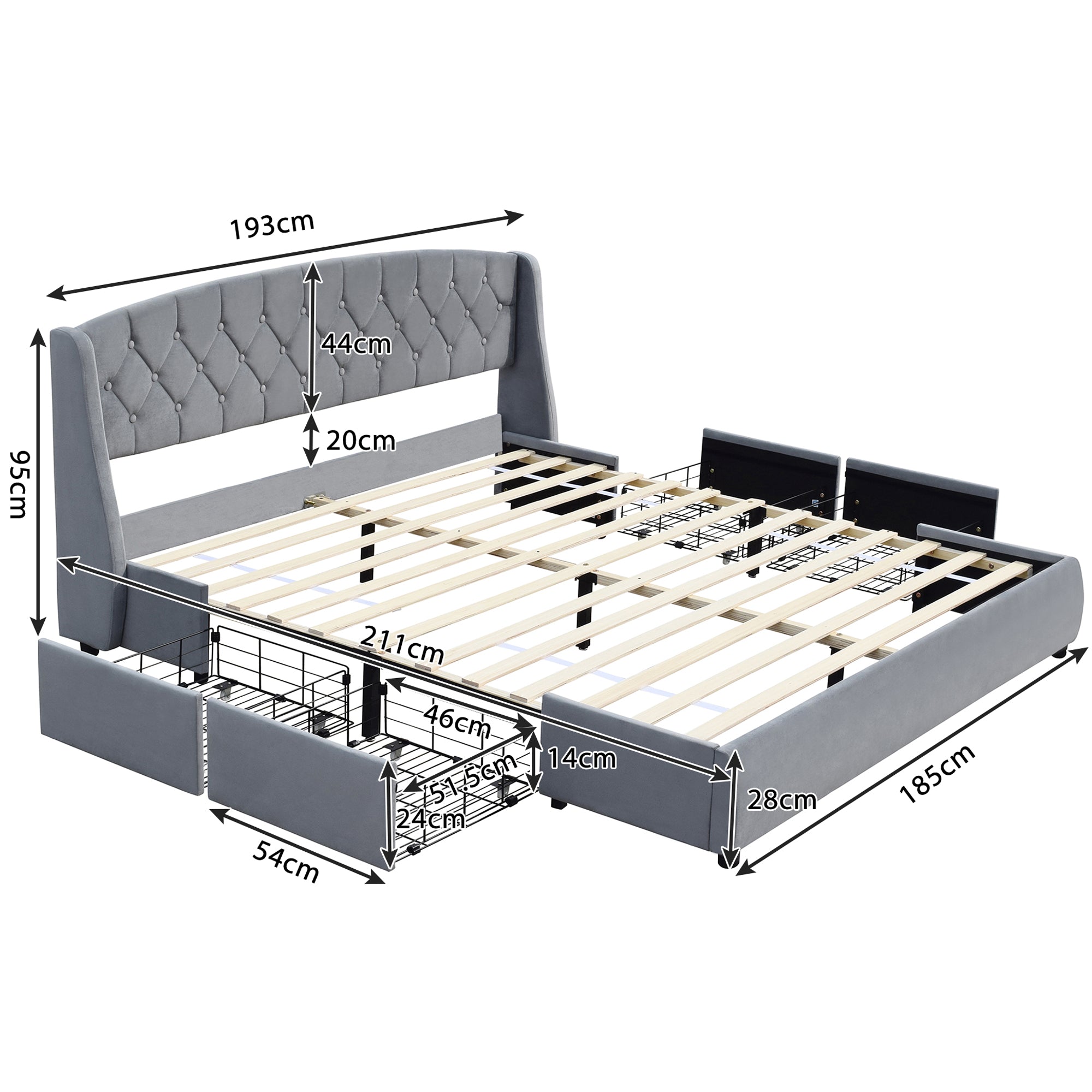 Samt Polsterbett,Schubladen aus stabilem Drahtgeflecht,Doppelbett mit Lattenrost und 4 Bettschubkästen,180 x 200 cm,ohne Matratze,grau
