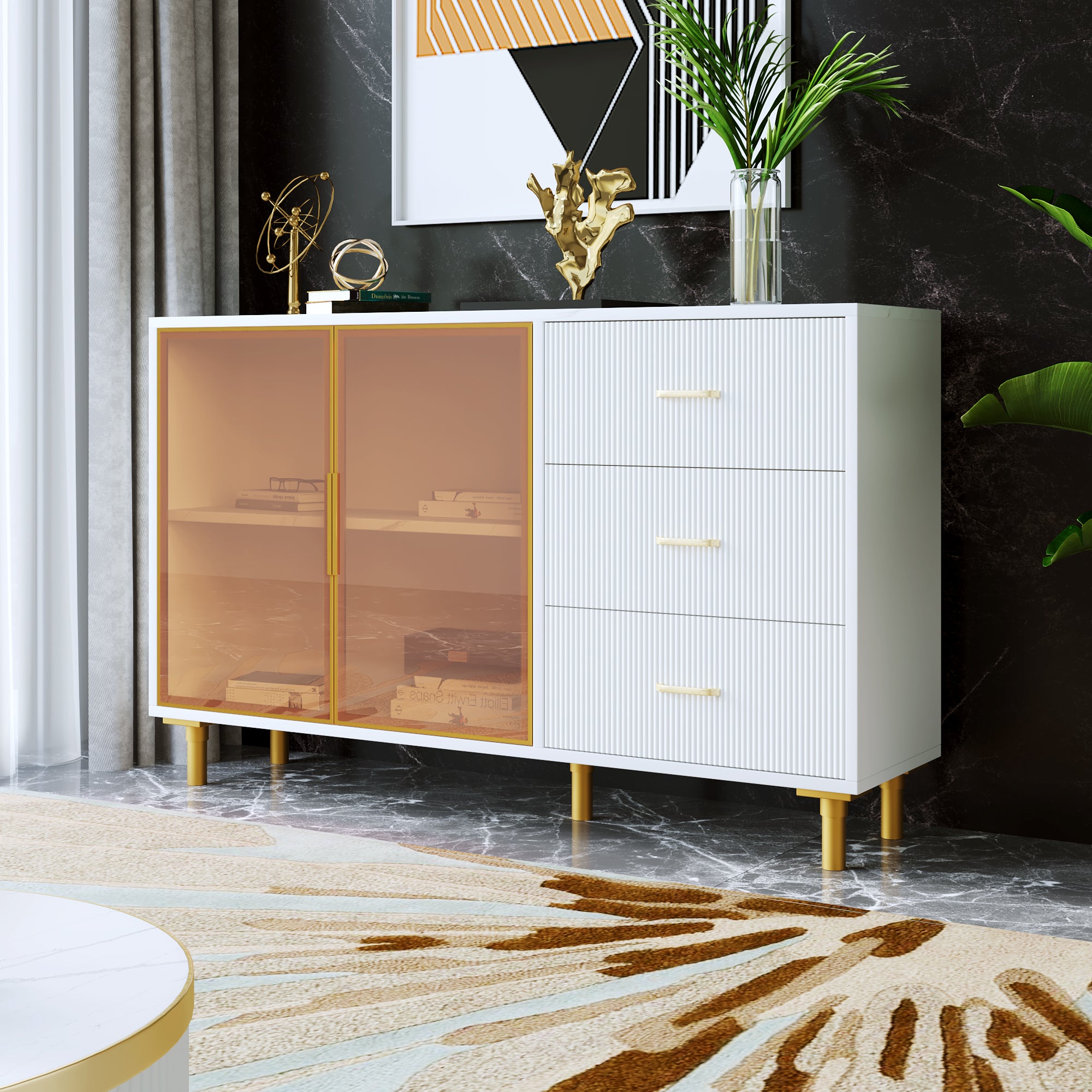 Sideboard in Marmoroptik, MDF Tischplatte Braune Glastüren Goldene Griffe, mit 2 Fächern und 3 Schubladen, Moderne Kommode Beistellschrank Wohnzimmer Schlafzimmer, 150.2*40.1*89.2cm.