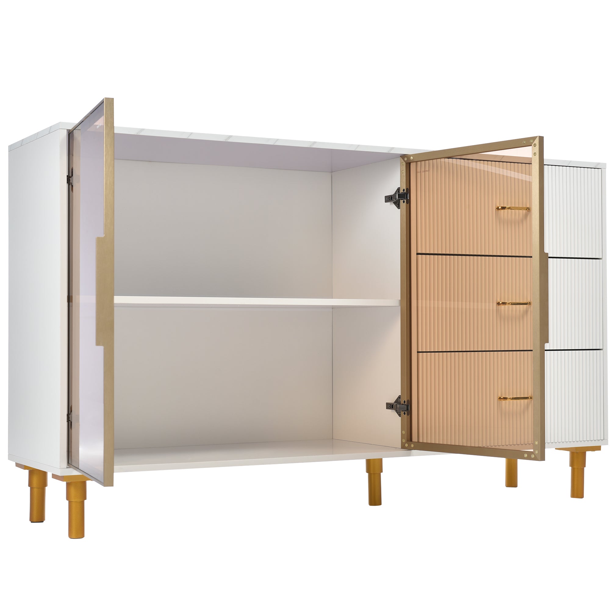 Sideboard in Marmoroptik, MDF Tischplatte Braune Glastüren Goldene Griffe, mit 2 Fächern und 3 Schubladen, Moderne Kommode Beistellschrank Wohnzimmer Schlafzimmer, 150.2*40.1*89.2cm.