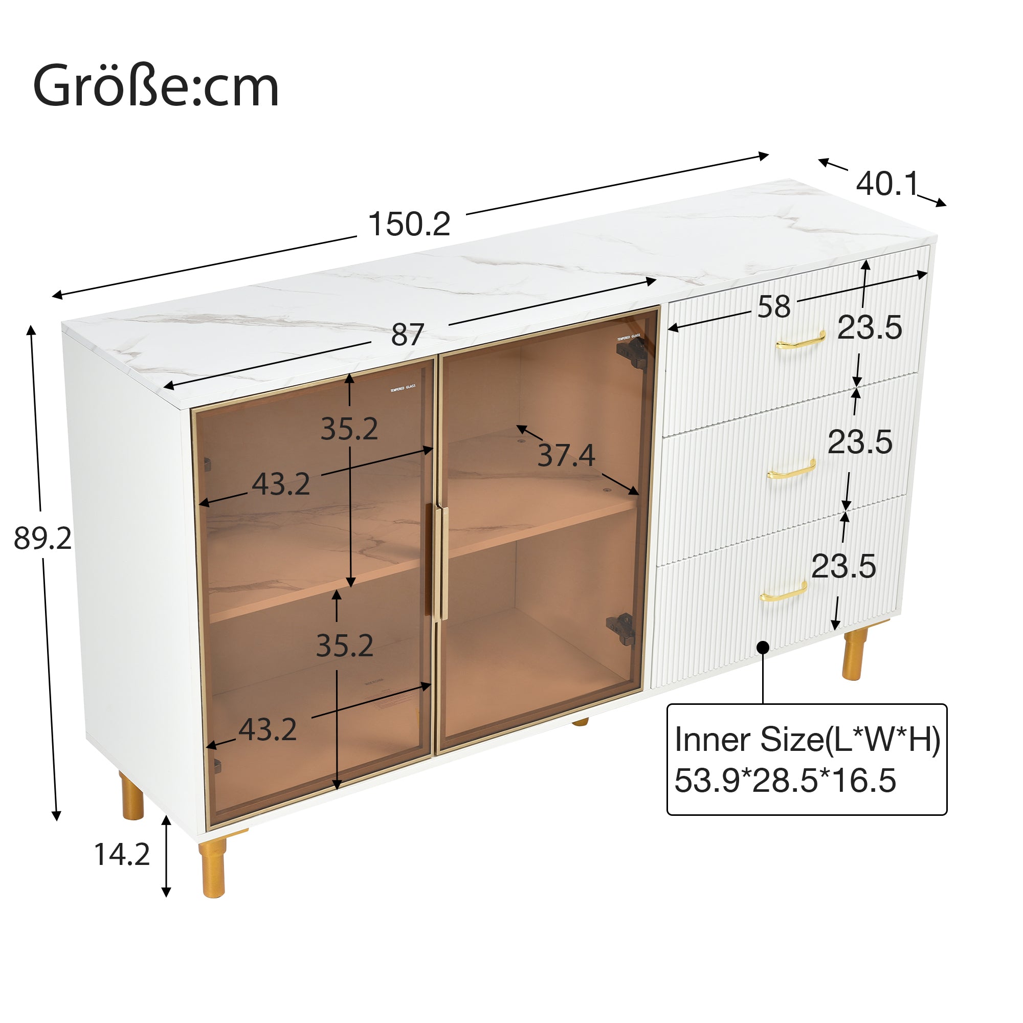 Sideboard in Marmoroptik, MDF Tischplatte Braune Glastüren Goldene Griffe, mit 2 Fächern und 3 Schubladen, Moderne Kommode Beistellschrank Wohnzimmer Schlafzimmer, 150.2*40.1*89.2cm.