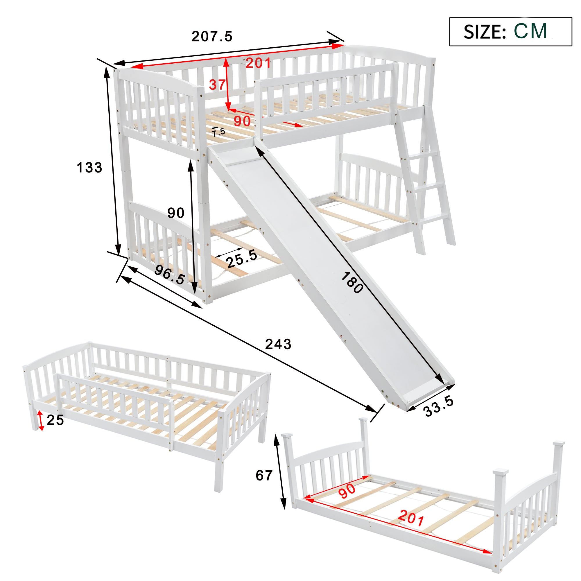 Etagenbett mit Rutsche,Niedriger Kinderbett Etagenbettrahmen Massives Kiefernbett Mit Lattenrost 90 x 200 cm, weiß （OLD SKU:LDB00006AAA）