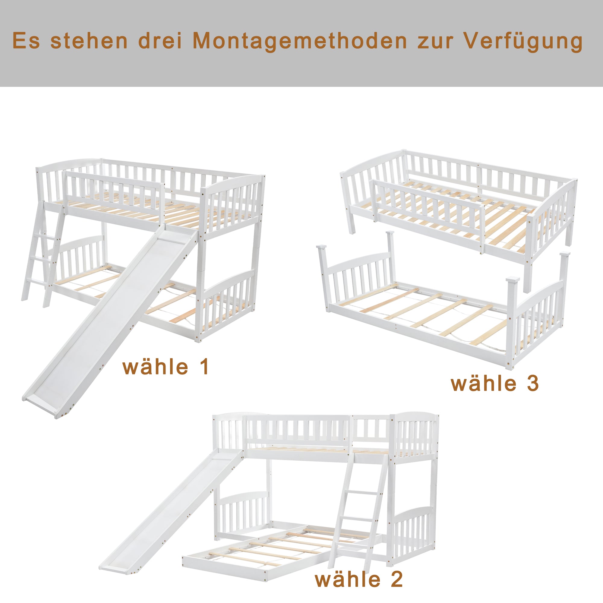 Etagenbett mit Rutsche,Niedriger Kinderbett Etagenbettrahmen Massives Kiefernbett Mit Lattenrost 90 x 200 cm, weiß （OLD SKU:LDB00006AAA）