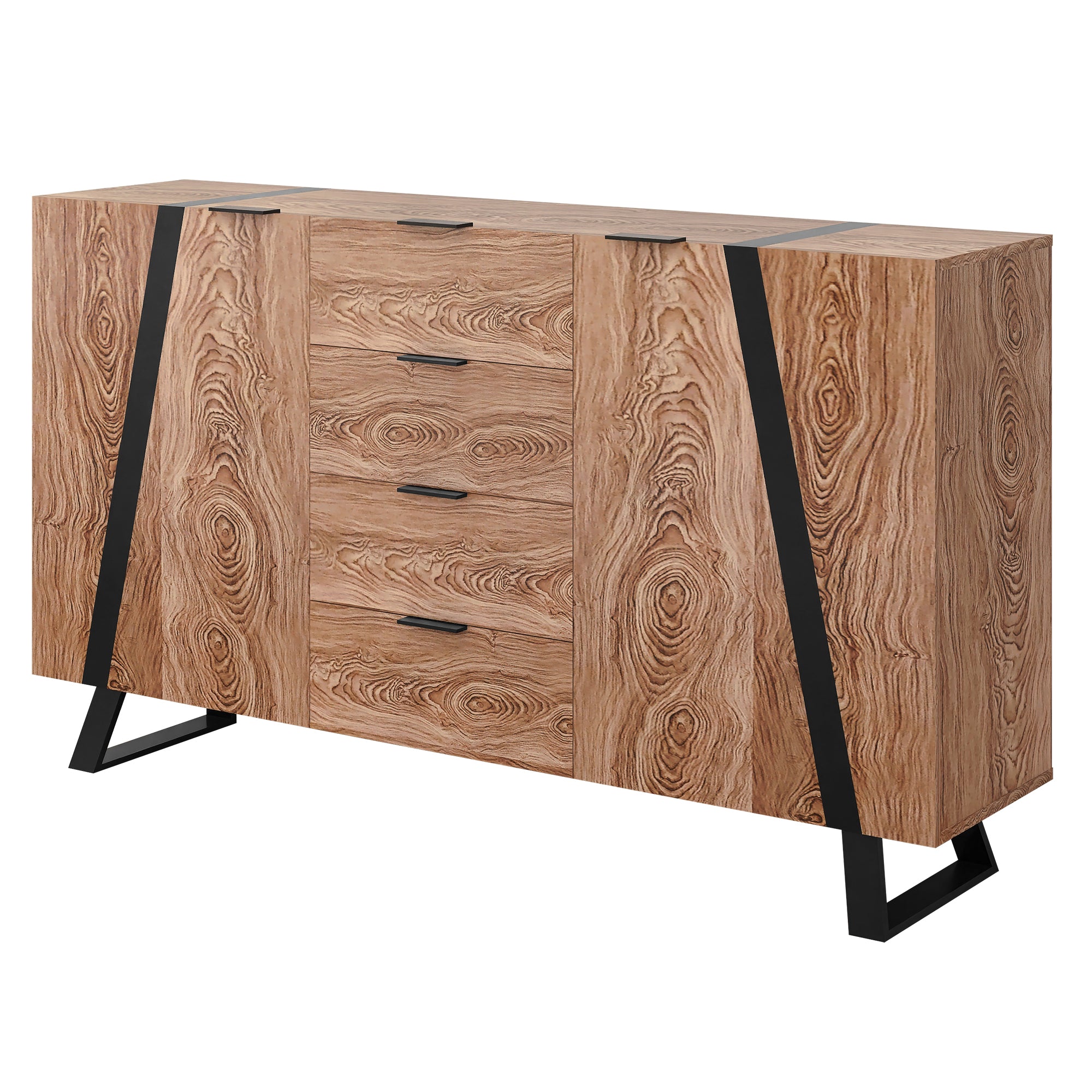 Sideboard mit Holzmuster, Spanplatte Oberfläche Schwarzer Siebdruck, mit 2 Türen 4 Schubladen 6 Griffen, Moderne Kommode Beistellschrank Wohnzimmer Schlafzimmer, 160*35*85cm