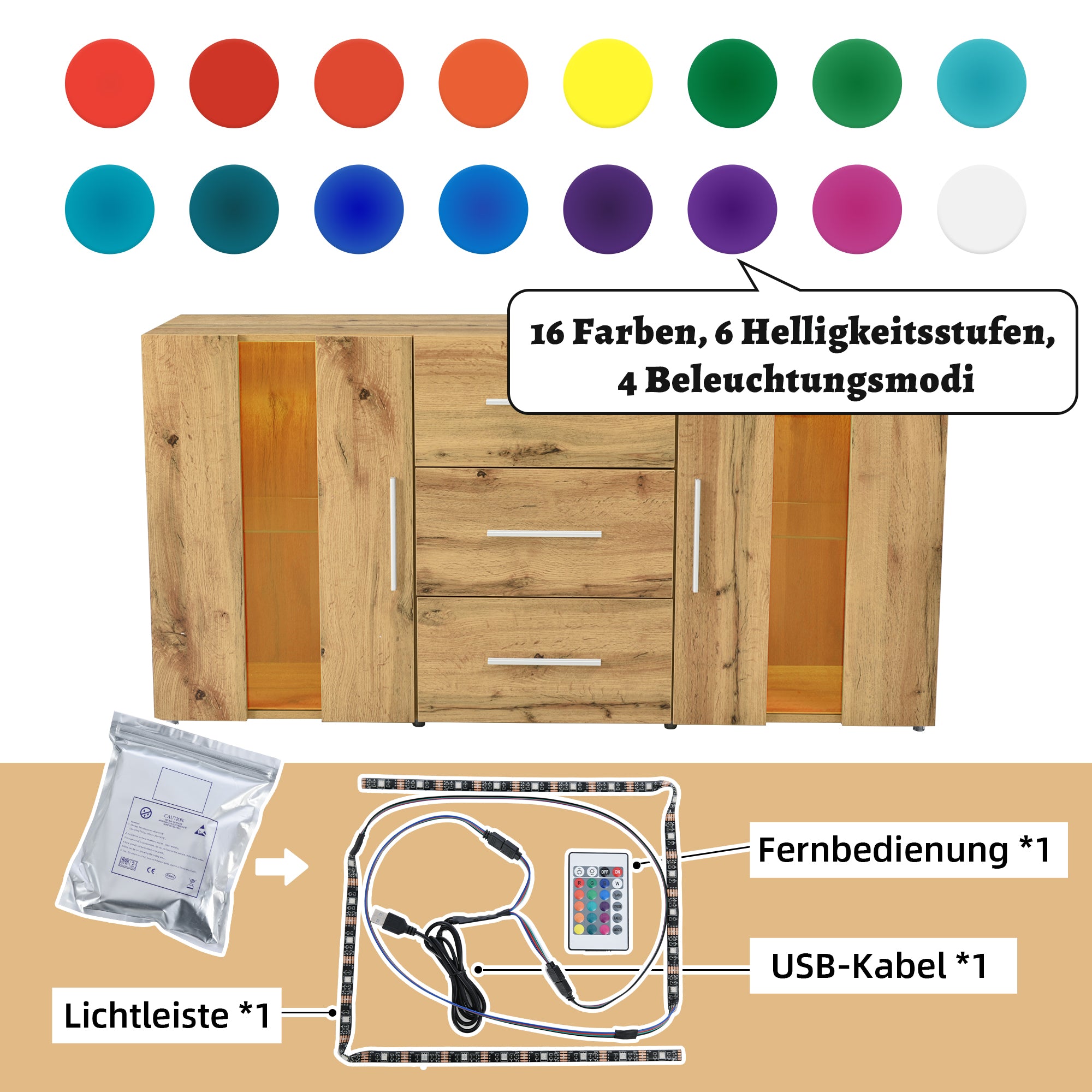 Sideboard Kommode Anrichte Standschrank Lagerung Schrank Schrank Einheit TV-Schrank,Lowboard, mit 16 Farben LED-Leuchten für Esszimmer Wohnzimmer，140*35*70cm