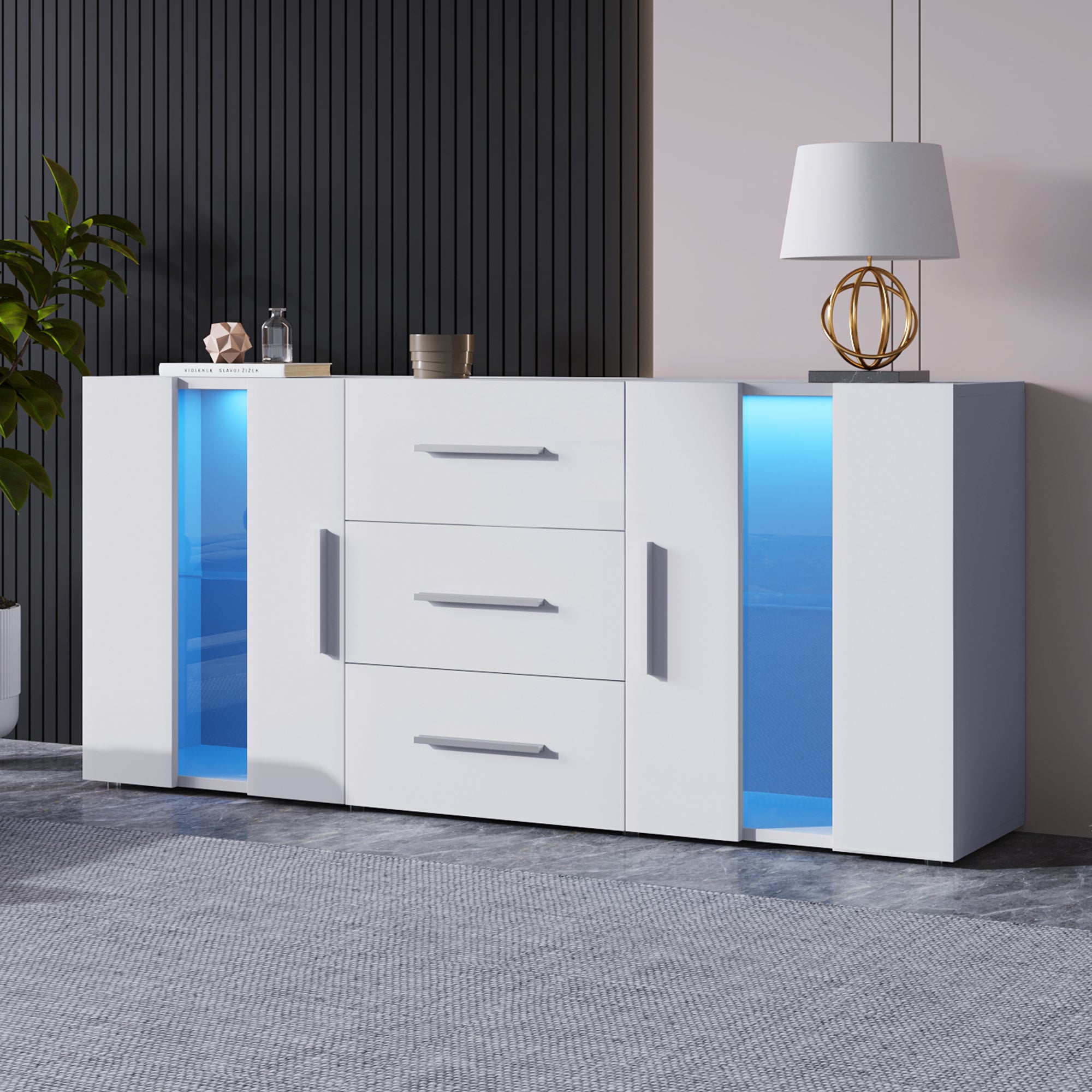 Sideboard Kommode Anrichte Standschrank Lagerung Schrank Schrank Einheit TV-Schrank,Lowboard, mit 16 Farben LED-Leuchten für Esszimmer Wohnzimmer，140*35*70cm