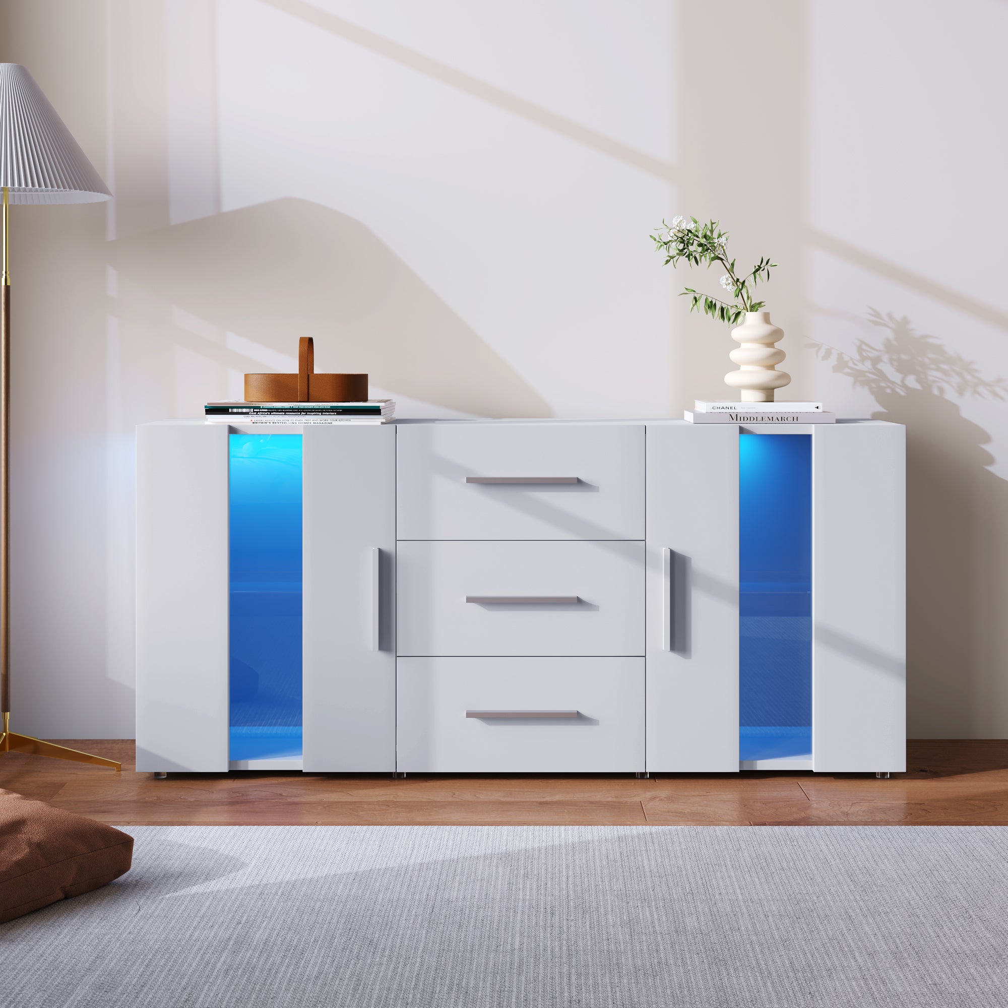 Sideboard Kommode Anrichte Standschrank Lagerung Schrank Schrank Einheit TV-Schrank,Lowboard, mit 16 Farben LED-Leuchten für Esszimmer Wohnzimmer，140*35*70cm