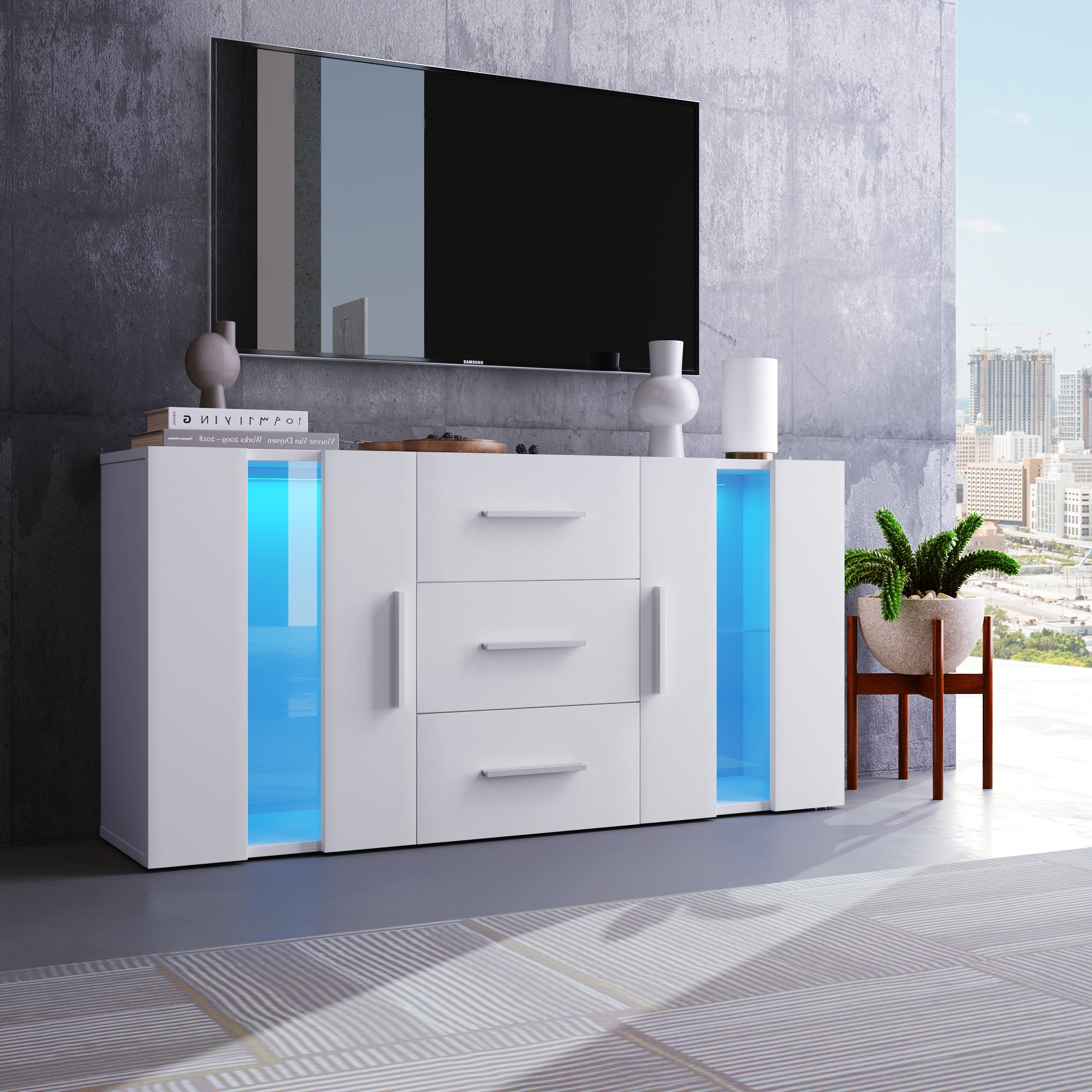 Sideboard Kommode Anrichte Standschrank Lagerung Schrank Schrank Einheit TV-Schrank,Lowboard, mit 16 Farben LED-Leuchten für Esszimmer Wohnzimmer，140*35*70cm